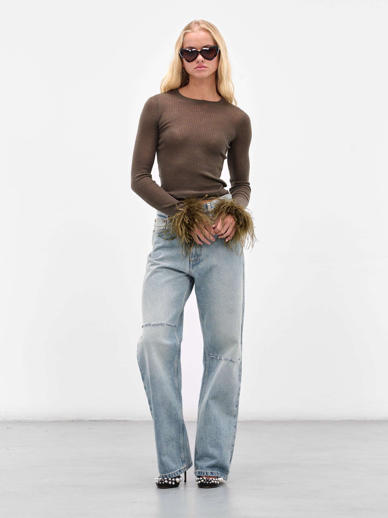 Feather Trim Long Sleeve Sweater - 6