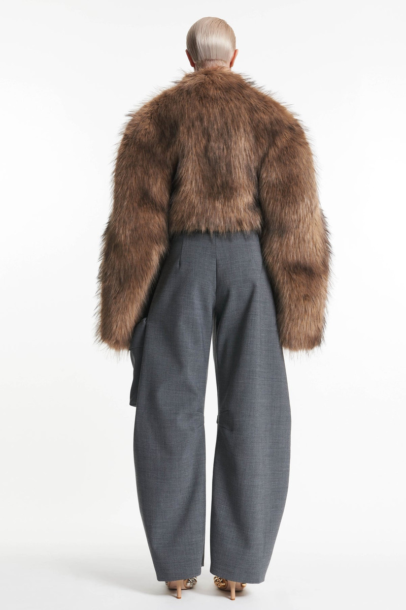 A.W.A.K.E. MODE ROUNDED SLEEVE CROPPED FAUX FUR JACKET BROWN outlook