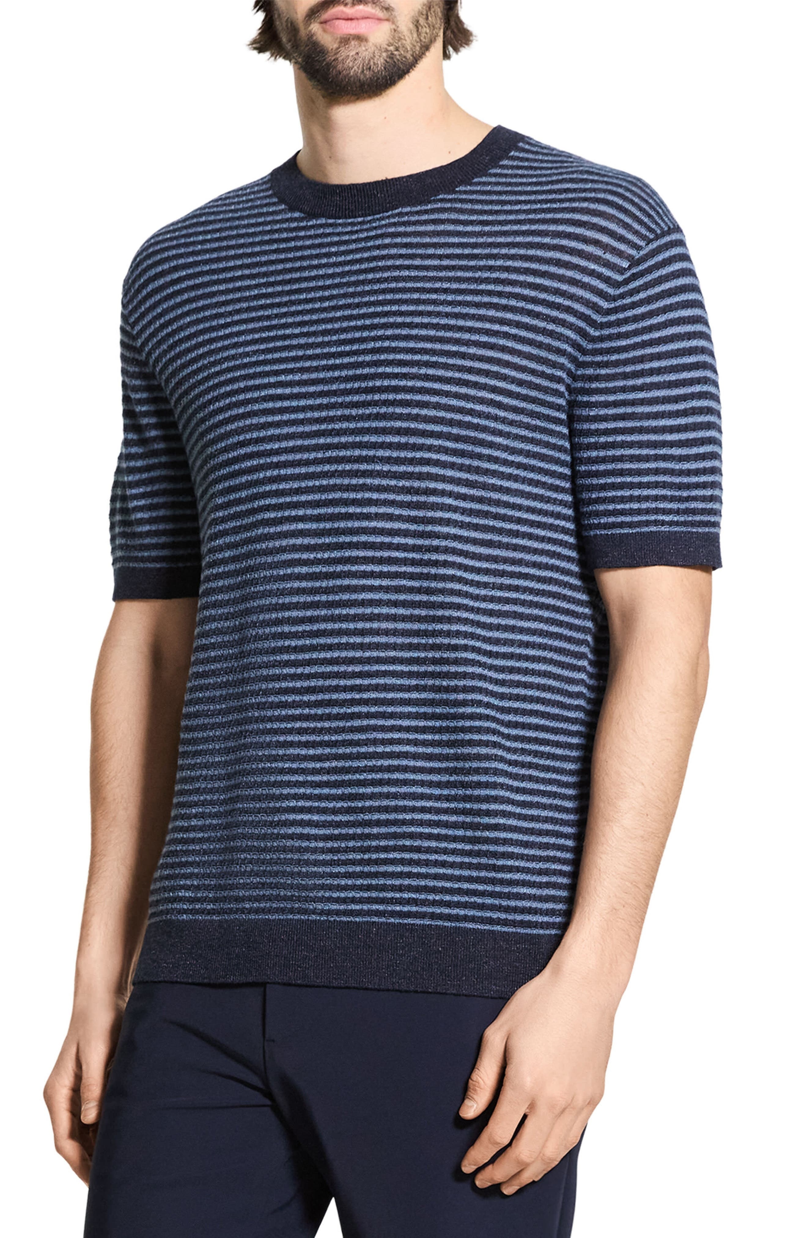 Theory Stripe Short Sleeve Linen & Cotton Blend Crewneck Sweater in Baltic/dark Rainstorm - 3