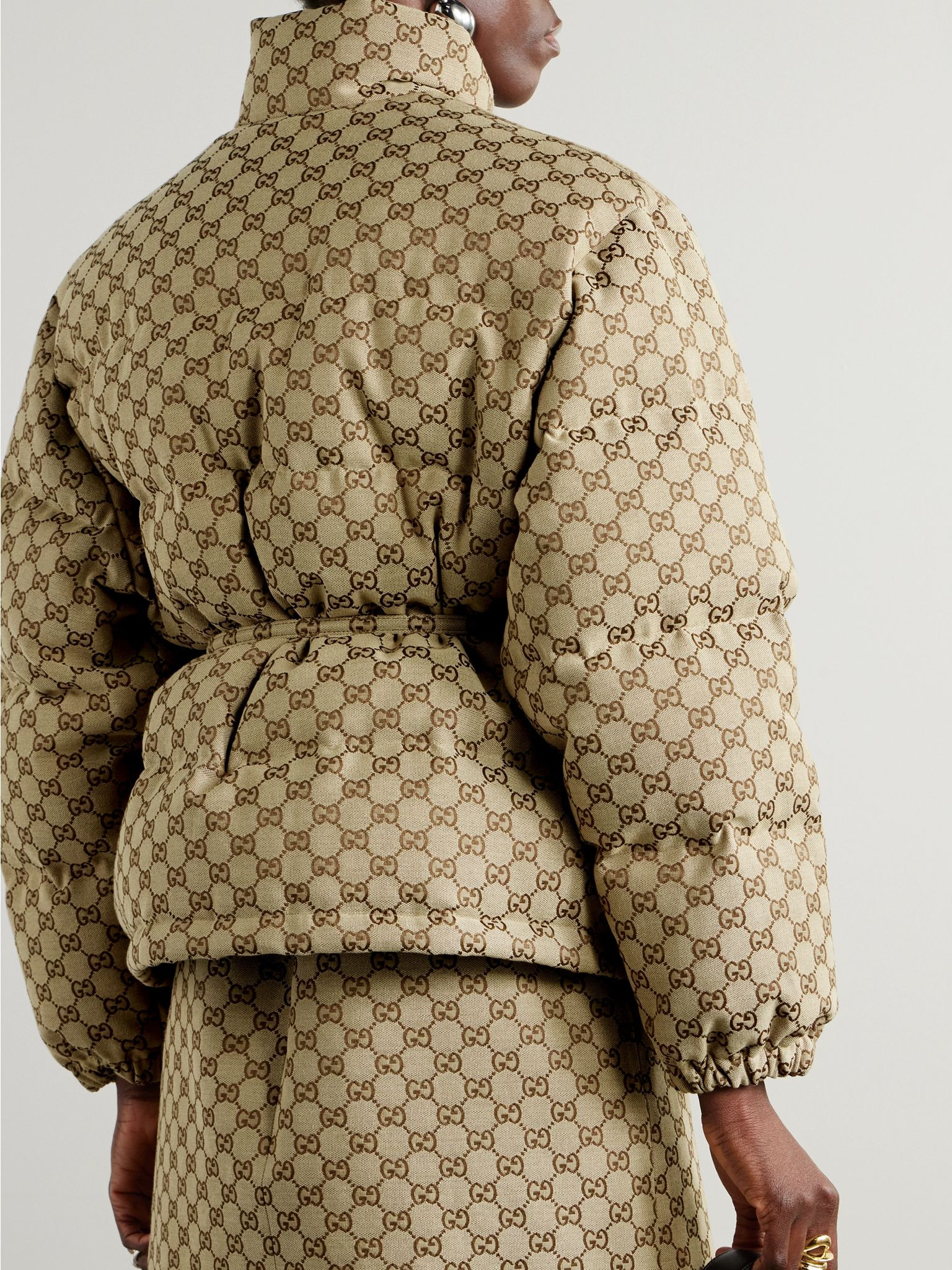 Belted leather-trimmed cotton-blend canvas down jacket Camel - 3