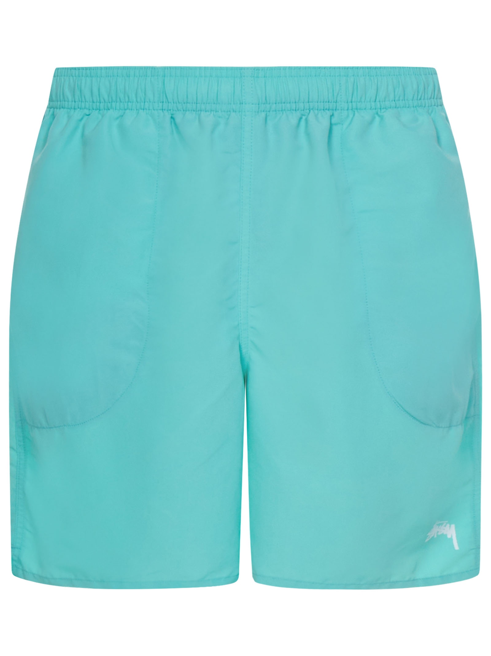 Swimsuit in aquamarine nylon with screen-printed logo on the left leg. - 1