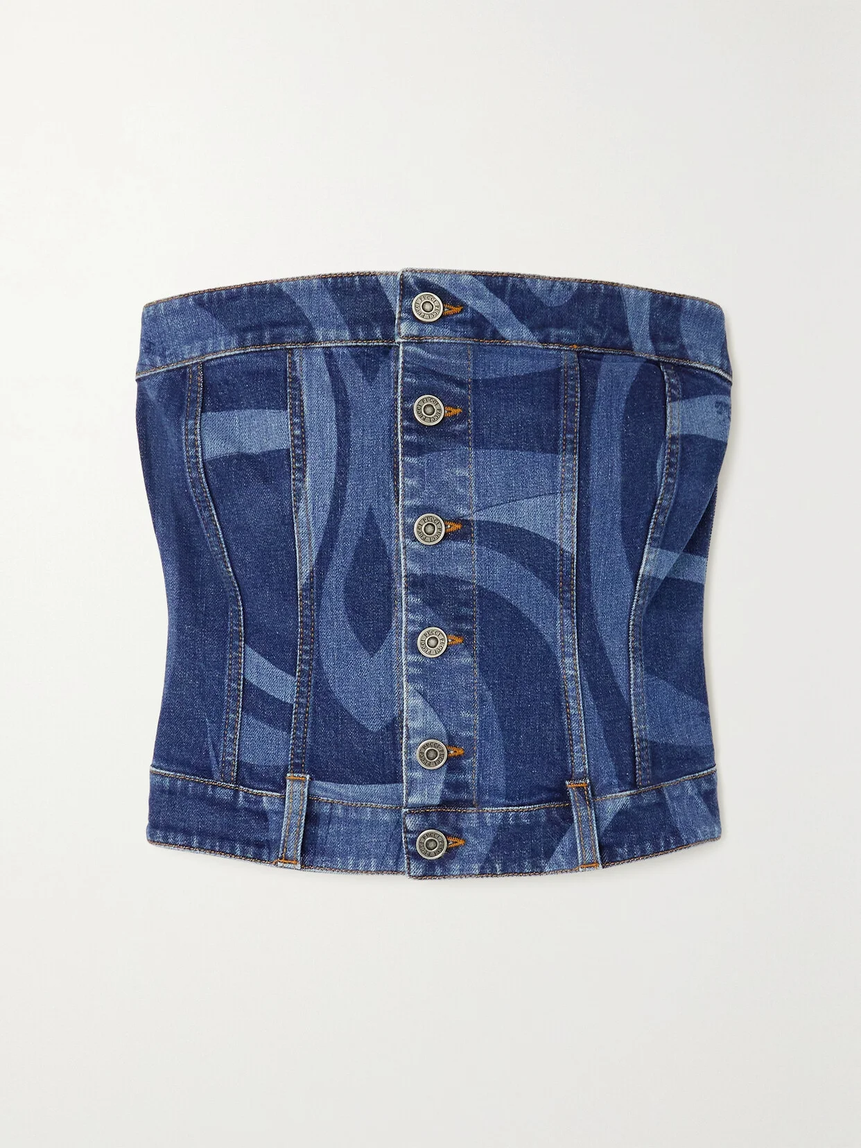 Printed Stretch-denim Bustier Top - 1
