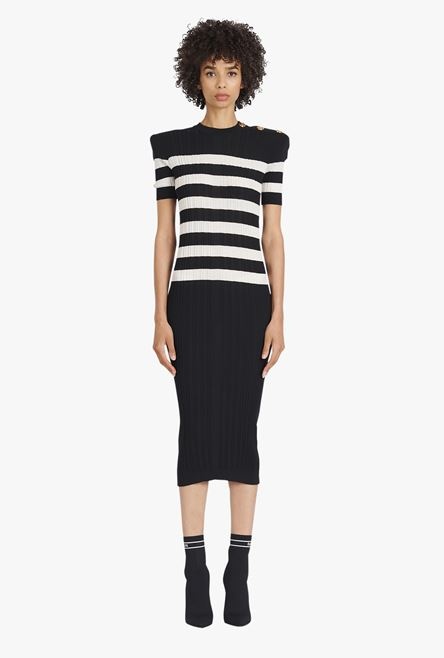 Mid-length black and nude striped knit dress - 4