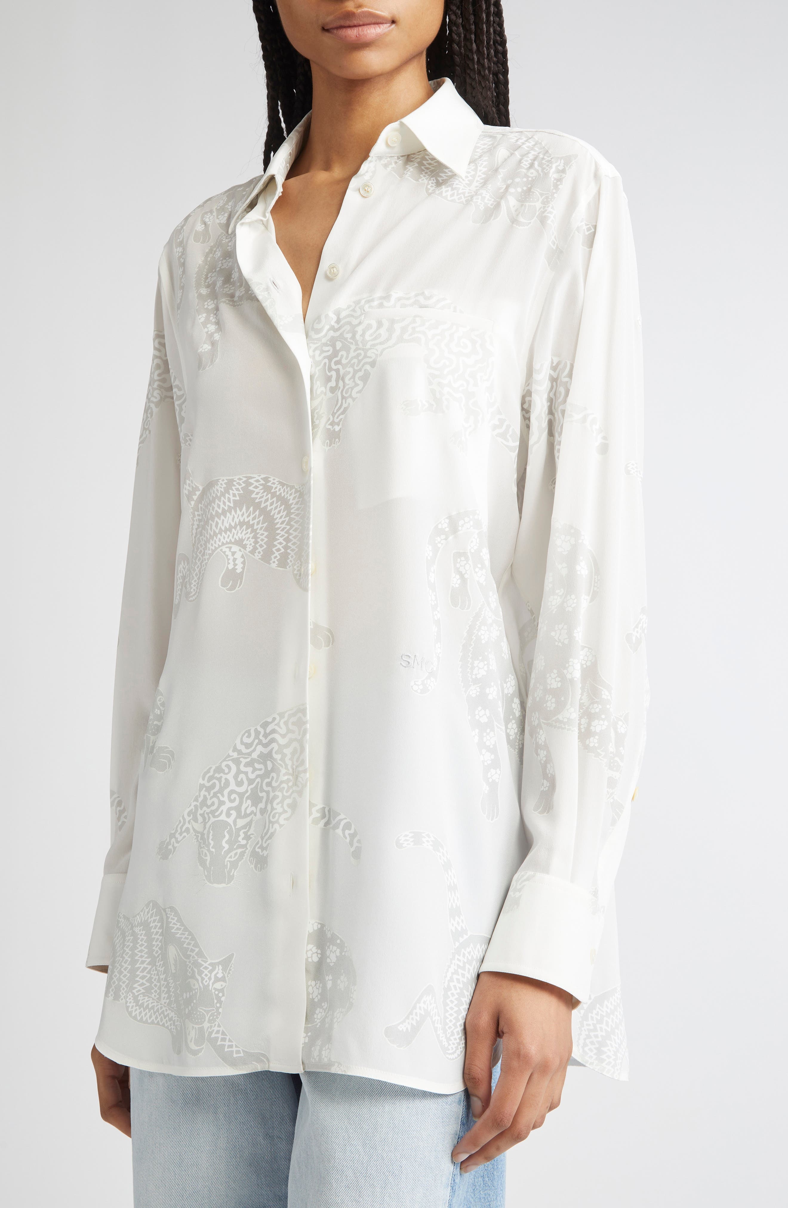 Stella McCartney Wildcat Print Silk Button-Up Shirt in Natural at Nordstrom - 5