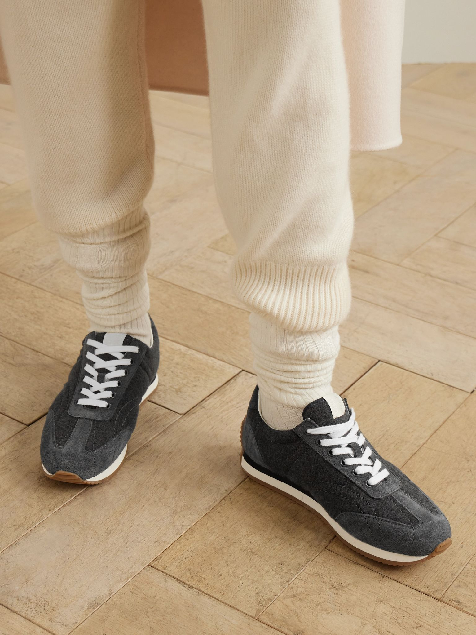 Suede-trimmed wool-flannel sneakers Gray - 2