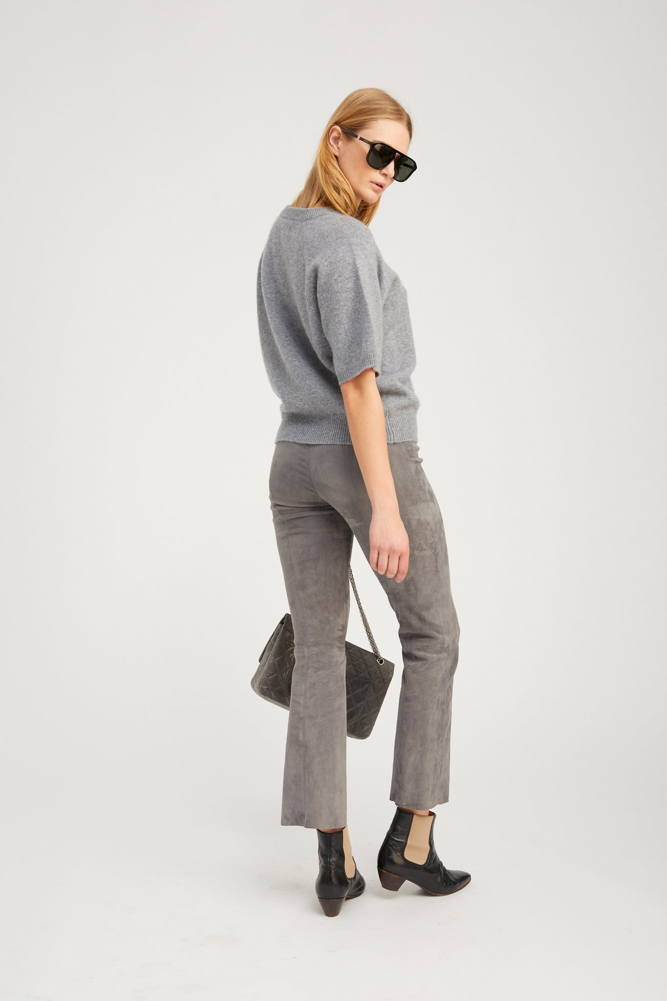 GREY SUEDE ANKLE FLARE PANTS WITH PRINCESS SEAMS - 4