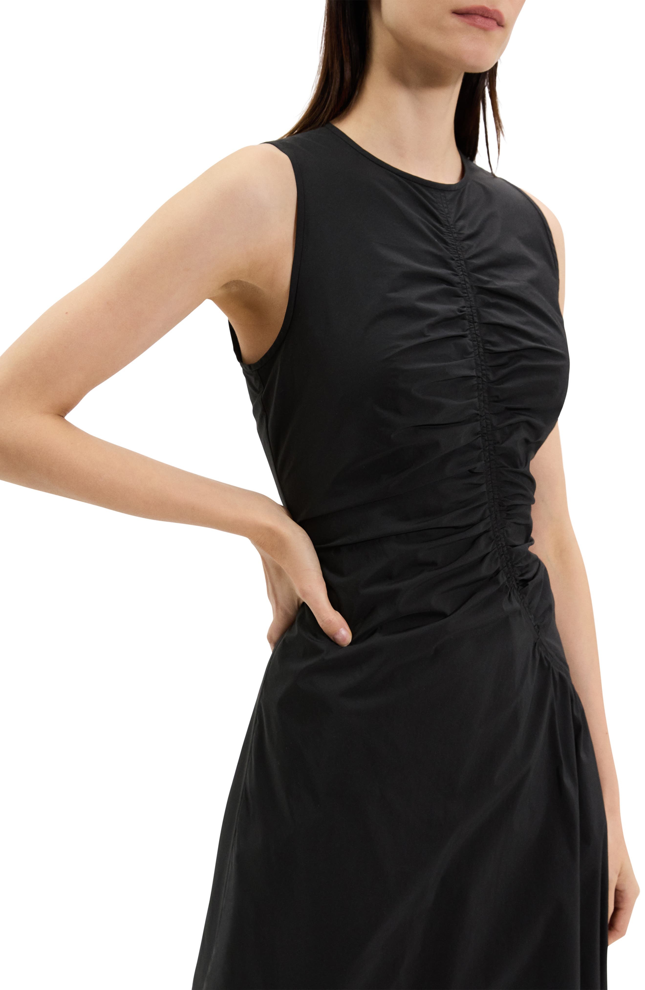 Theory Asymmetric Ruched Sleeveless Midi Dress in Black at Nordstrom - 4