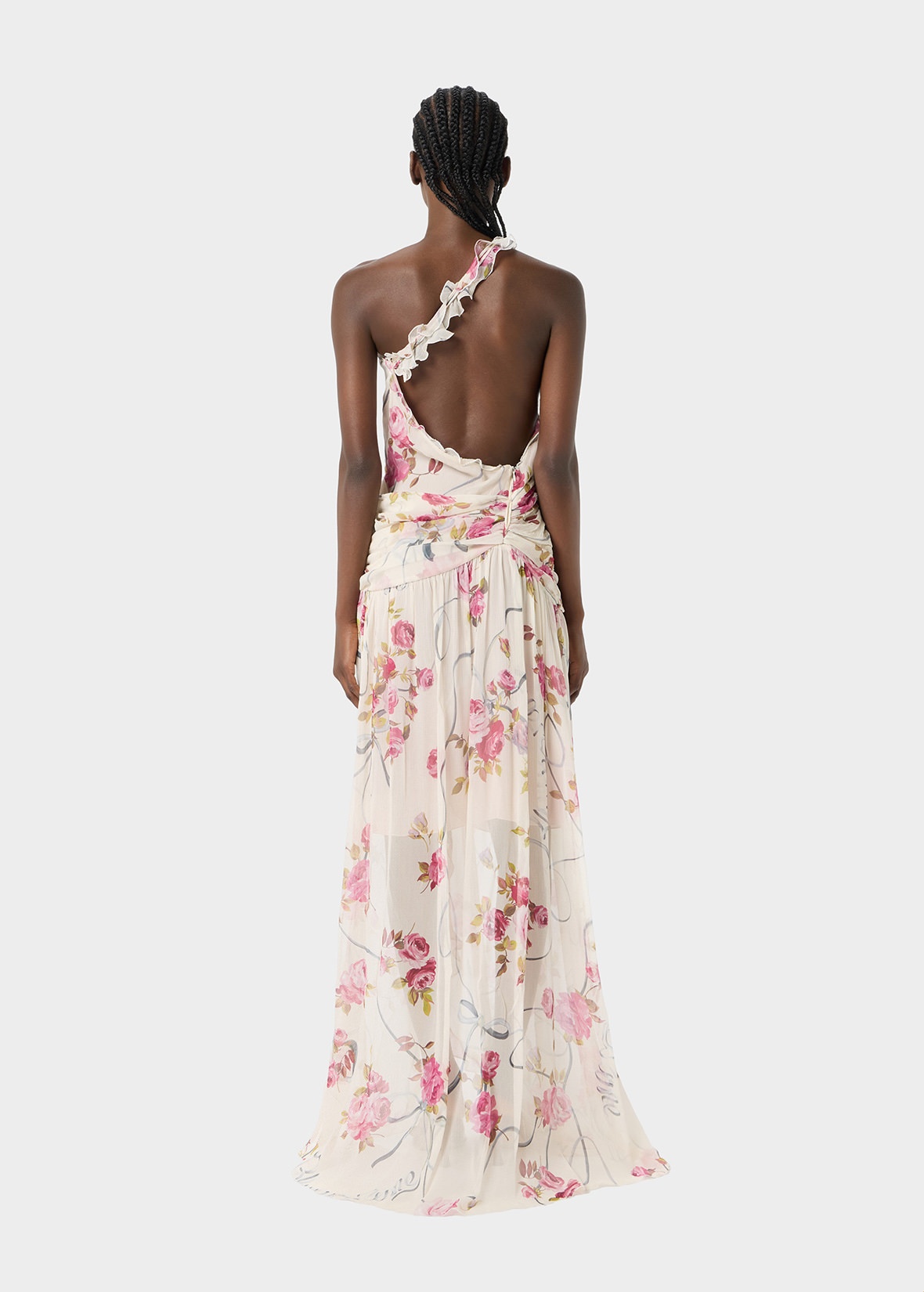 ONE-SHOULDER DRESS IN CREPONNE WITH RUFFLED ROSE DECORATION - 4