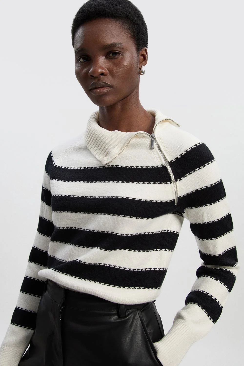 Stripe Zip Through Funnel Neck Knit Jumper - 1