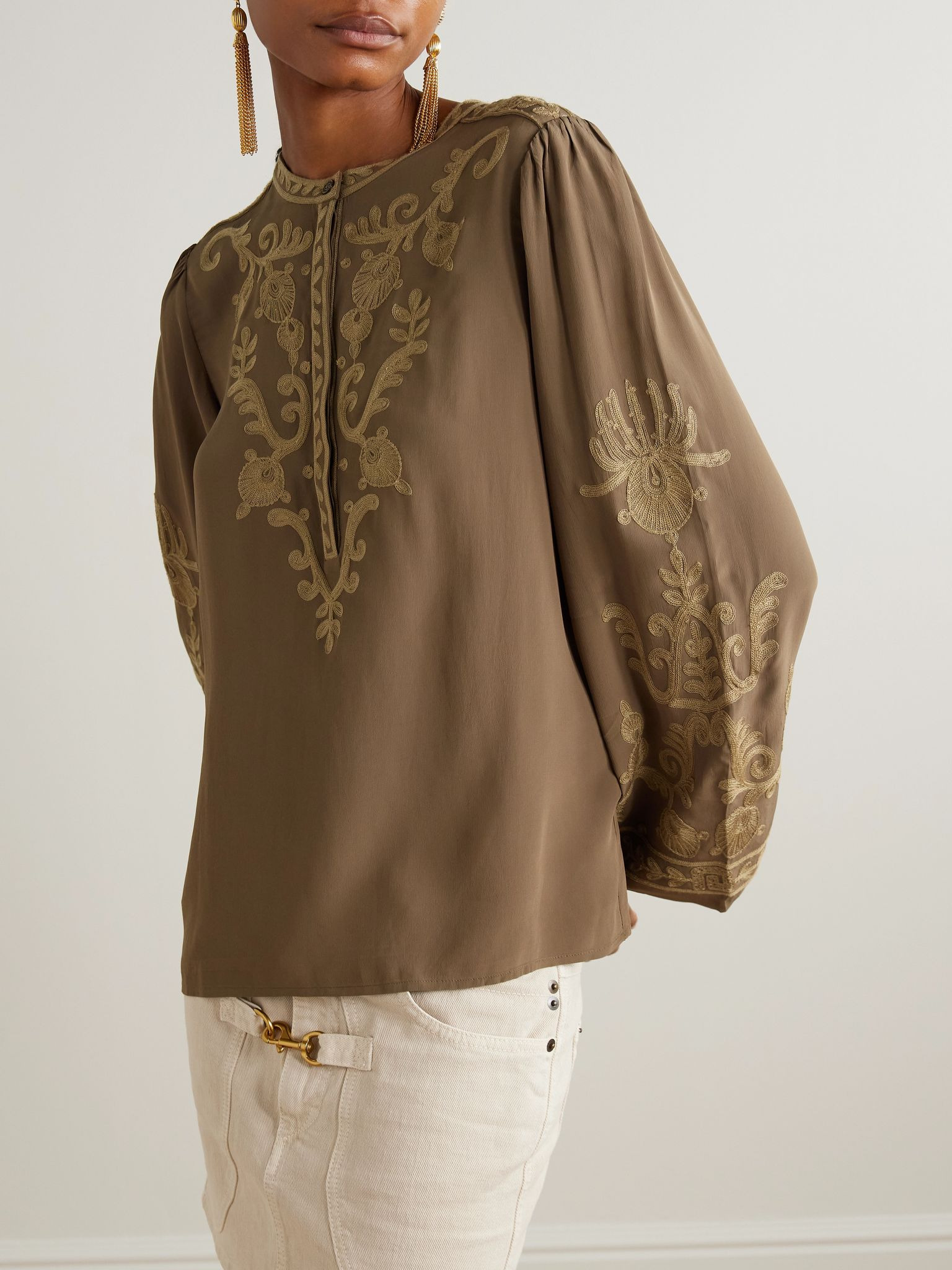 Falonne embroidered crepe blouse Army green - 3