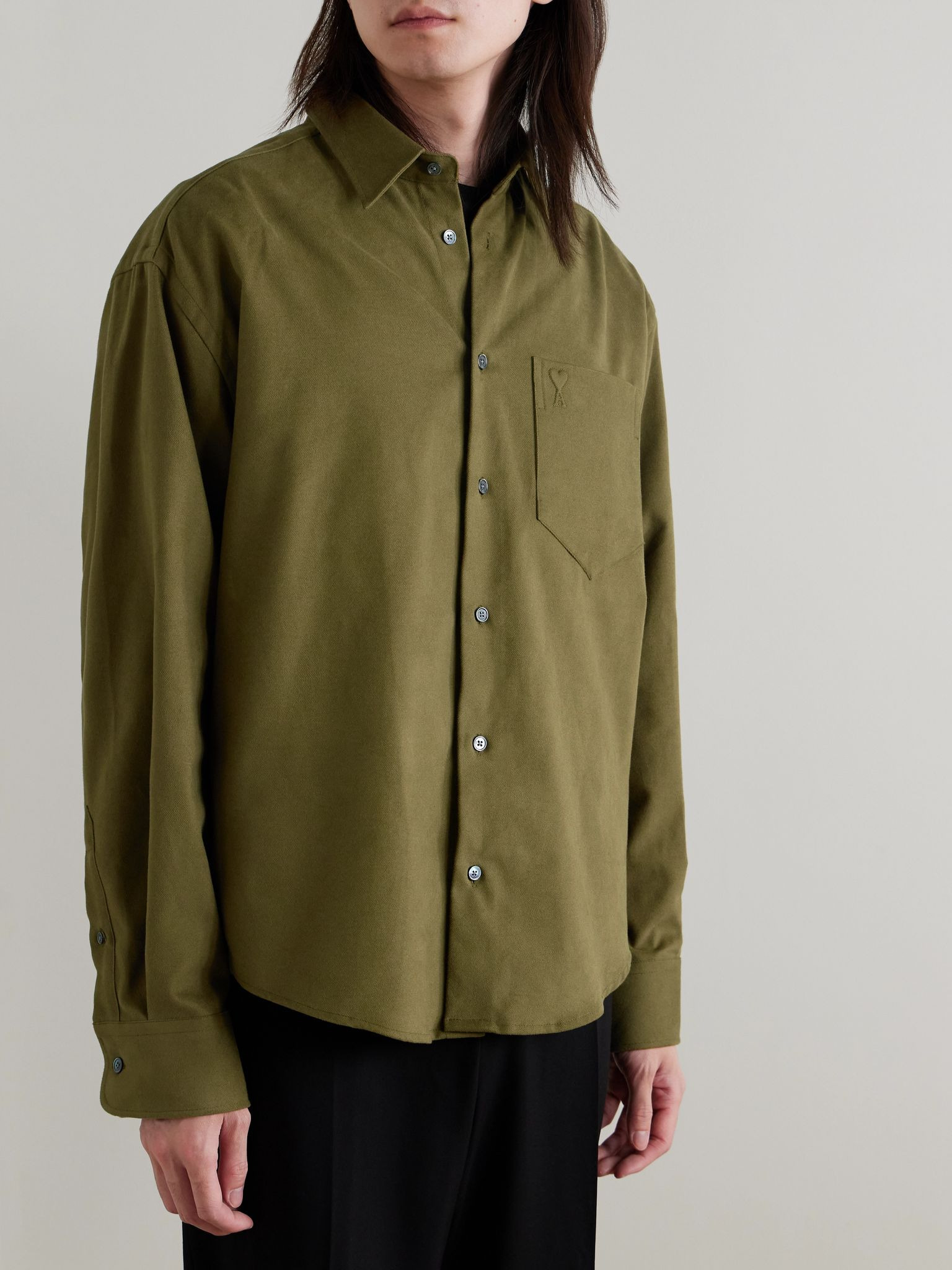 Logo-Debossed Brushed Cotton Oxford Shirt Green - 3