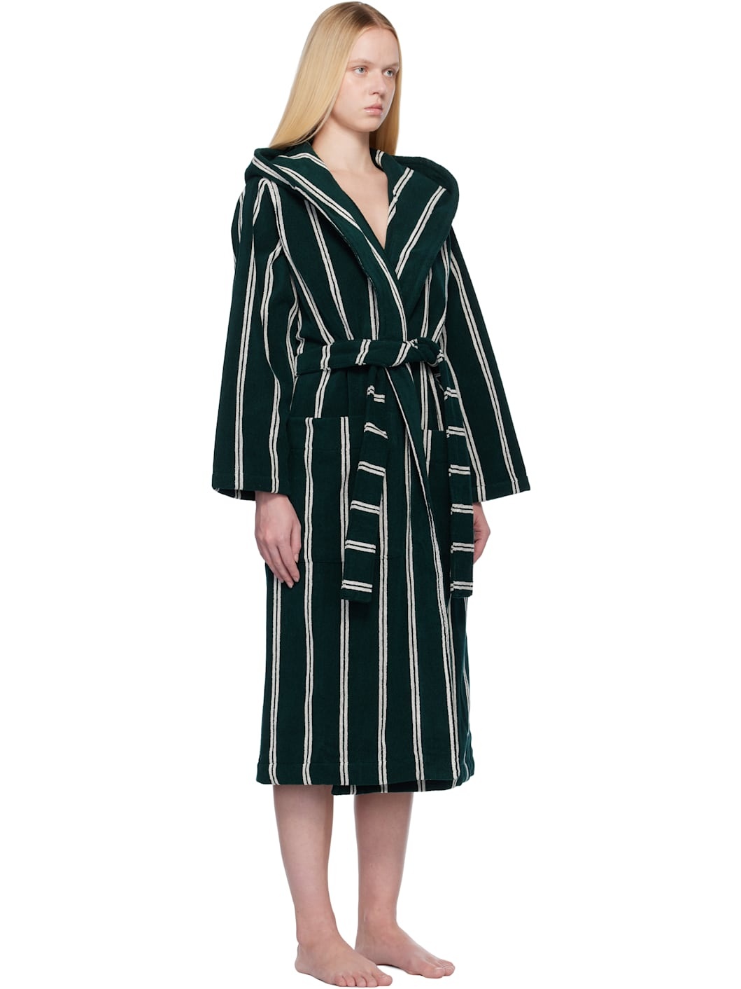 Green & White Terry Hooded Bathrobe - 2