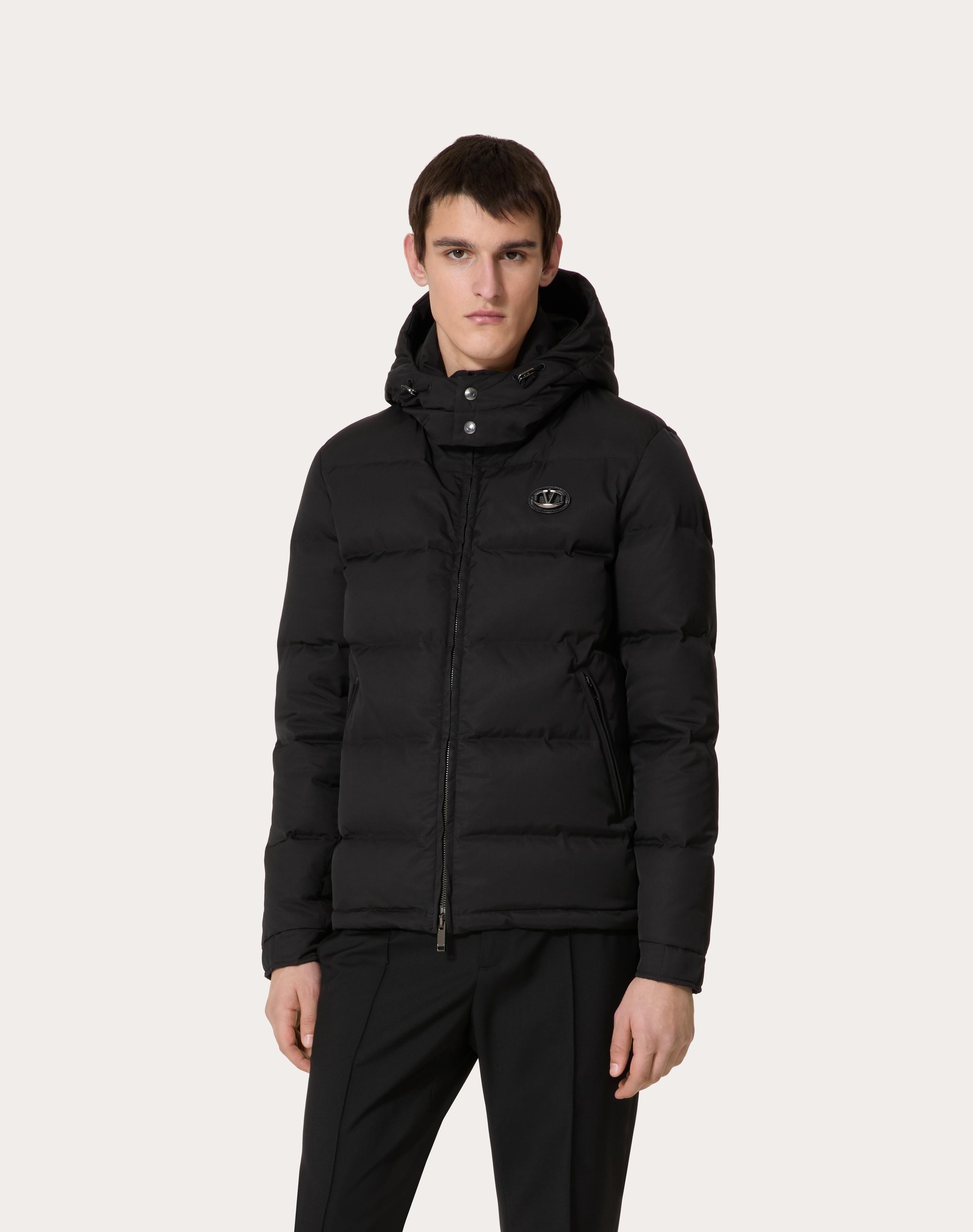 NYLON HOODED DOWN JACKET WITH LEATHER PATCH AND VLOGO SIGNATURE - 3
