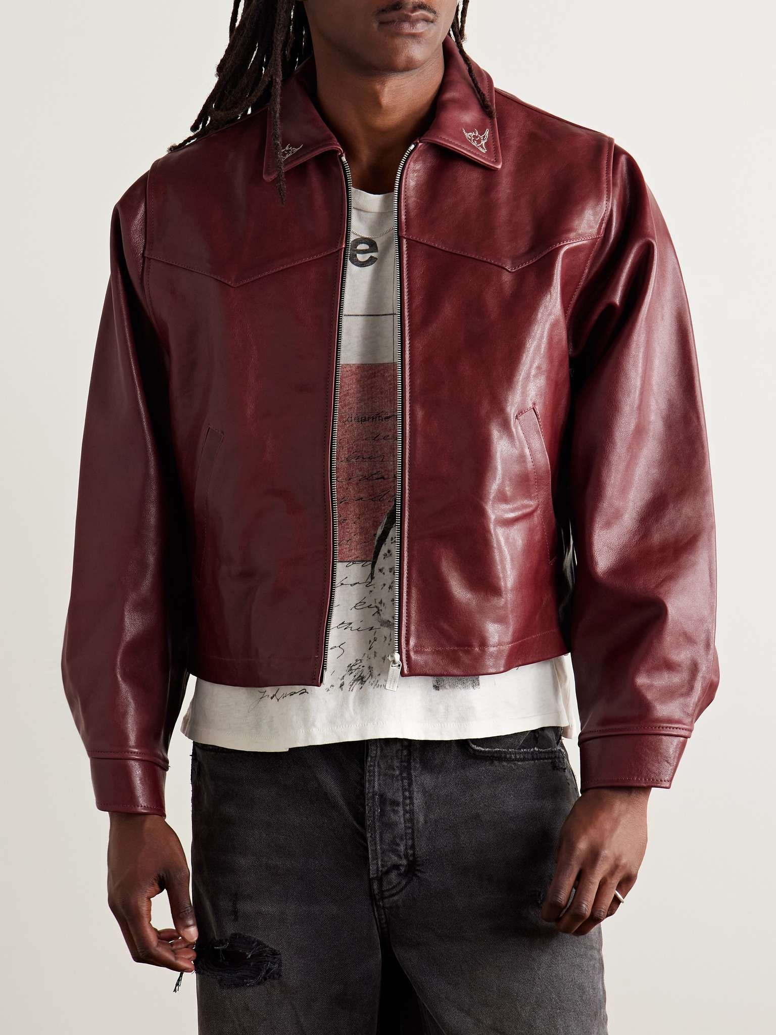 Principe de L'Amour Cropped Embroidered Leather Jacket - 3
