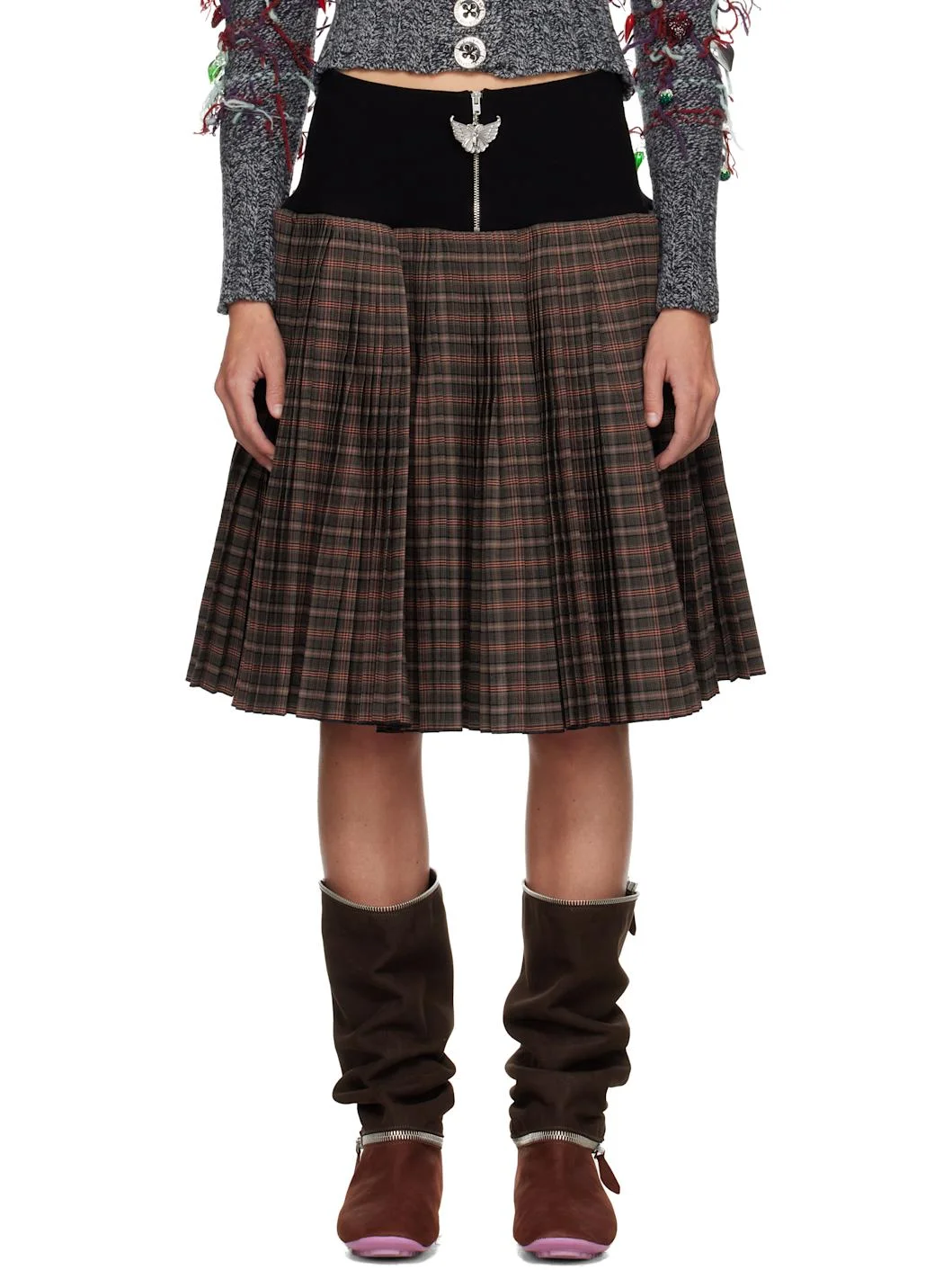 Brown Fret Black Knitted Pleated Knee Midi Skirt - 1