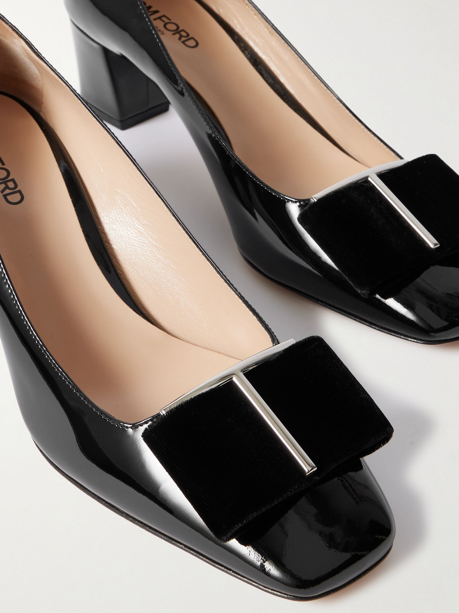 Audrey embellished velvet-trimmed patent-leather pumps Black - 4