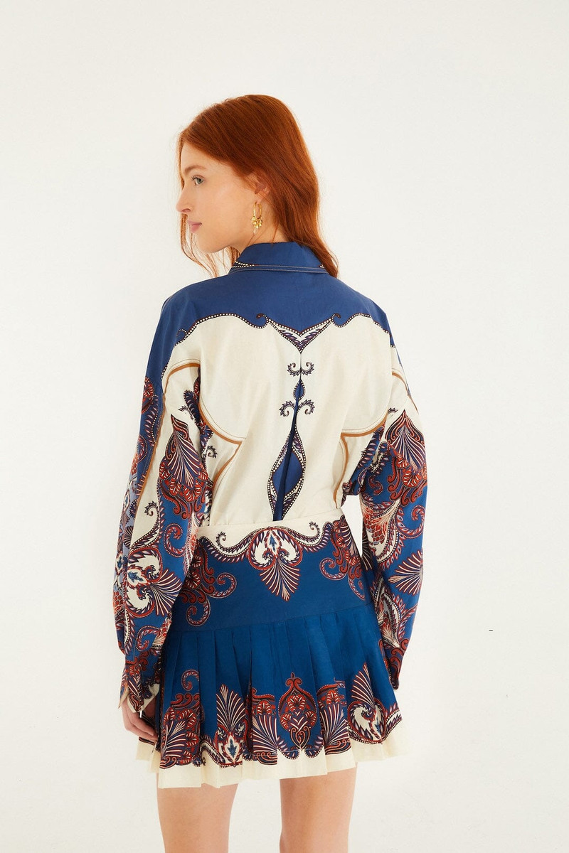 Blue Arabesque Scarf Buckled Pleated Organic Cotton Mini Skirt 3