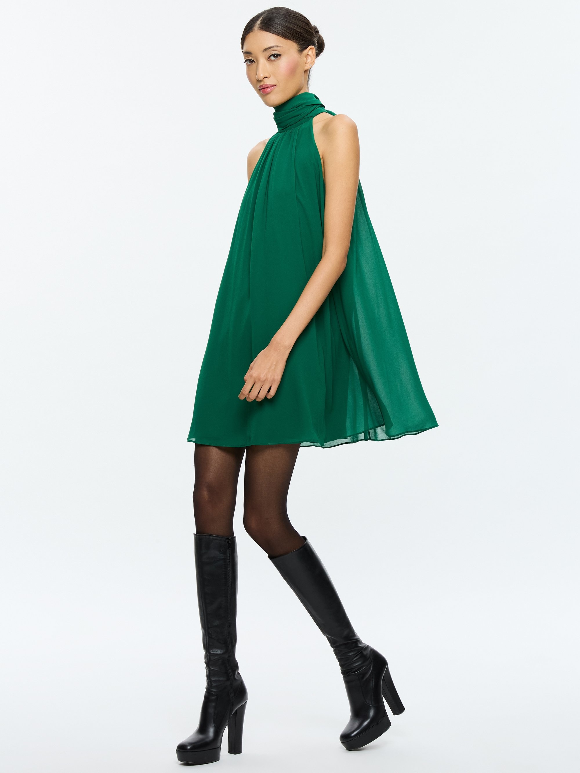 CORINE HALTER TIE NECK TRAPEZE MINI DRESS - 6