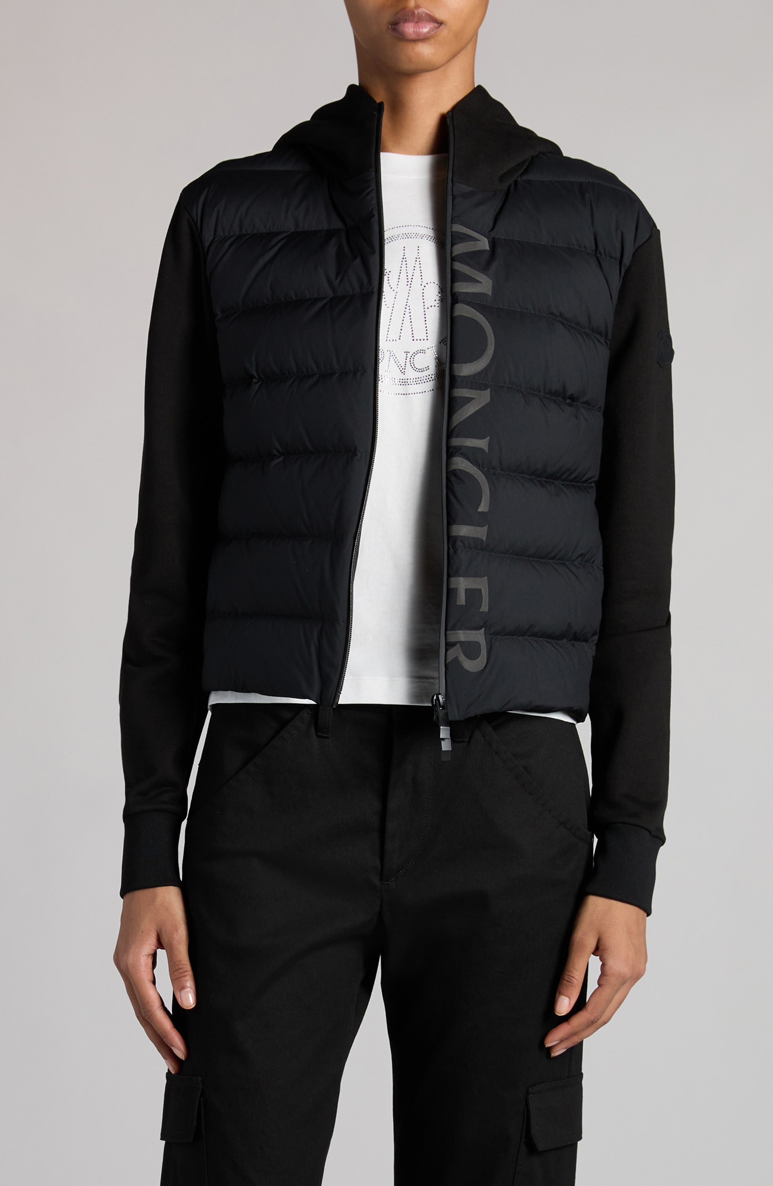 Moncler Quilted Down & Cotton Knit Hooded Cardigan in Black at Nordstrom - 1