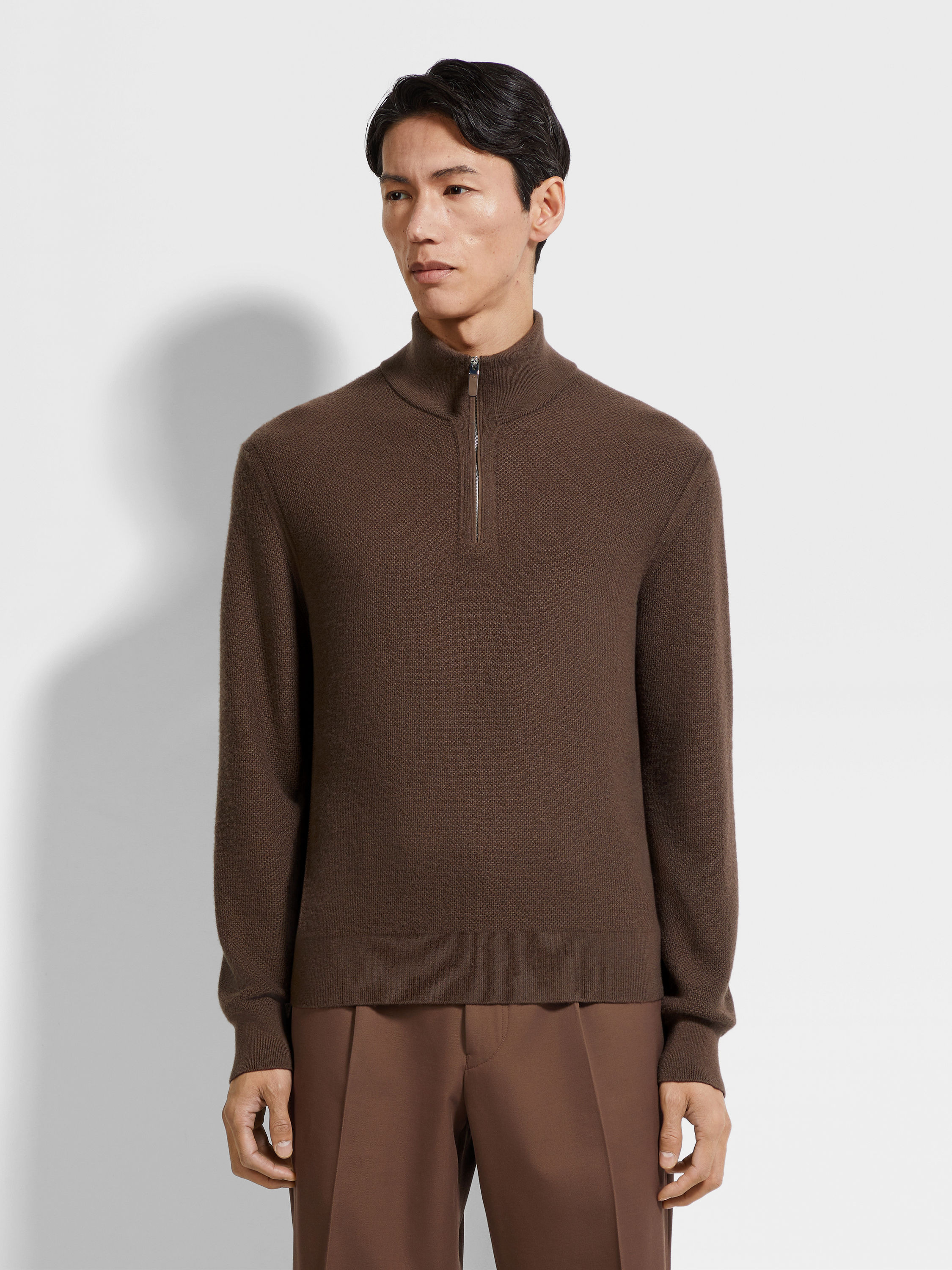BROWN OASI CASHMERE ZIP MOCK NECK - 4
