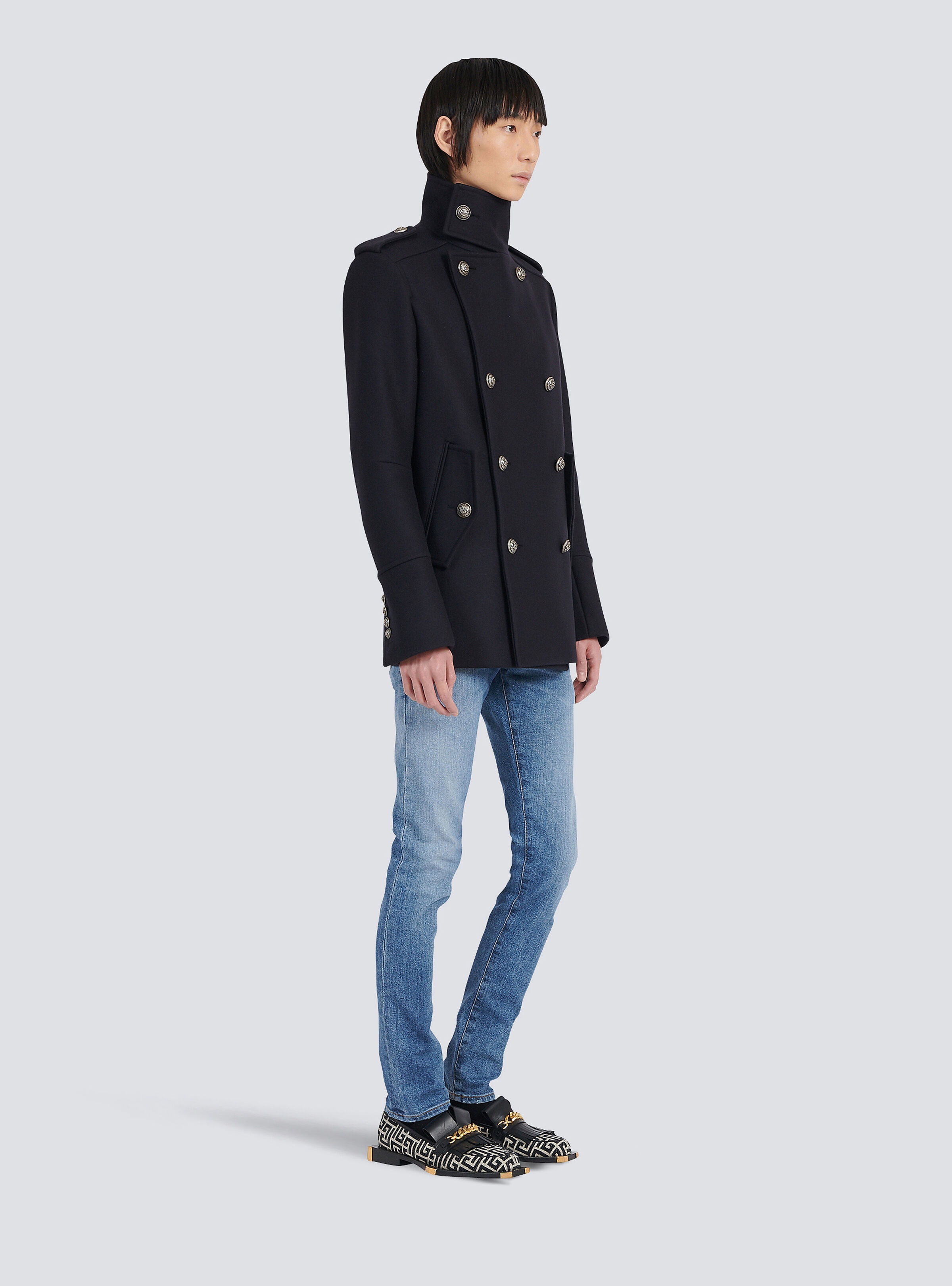 Wool military pea coat with double-breasted silver-tone buttoned fastening - 6