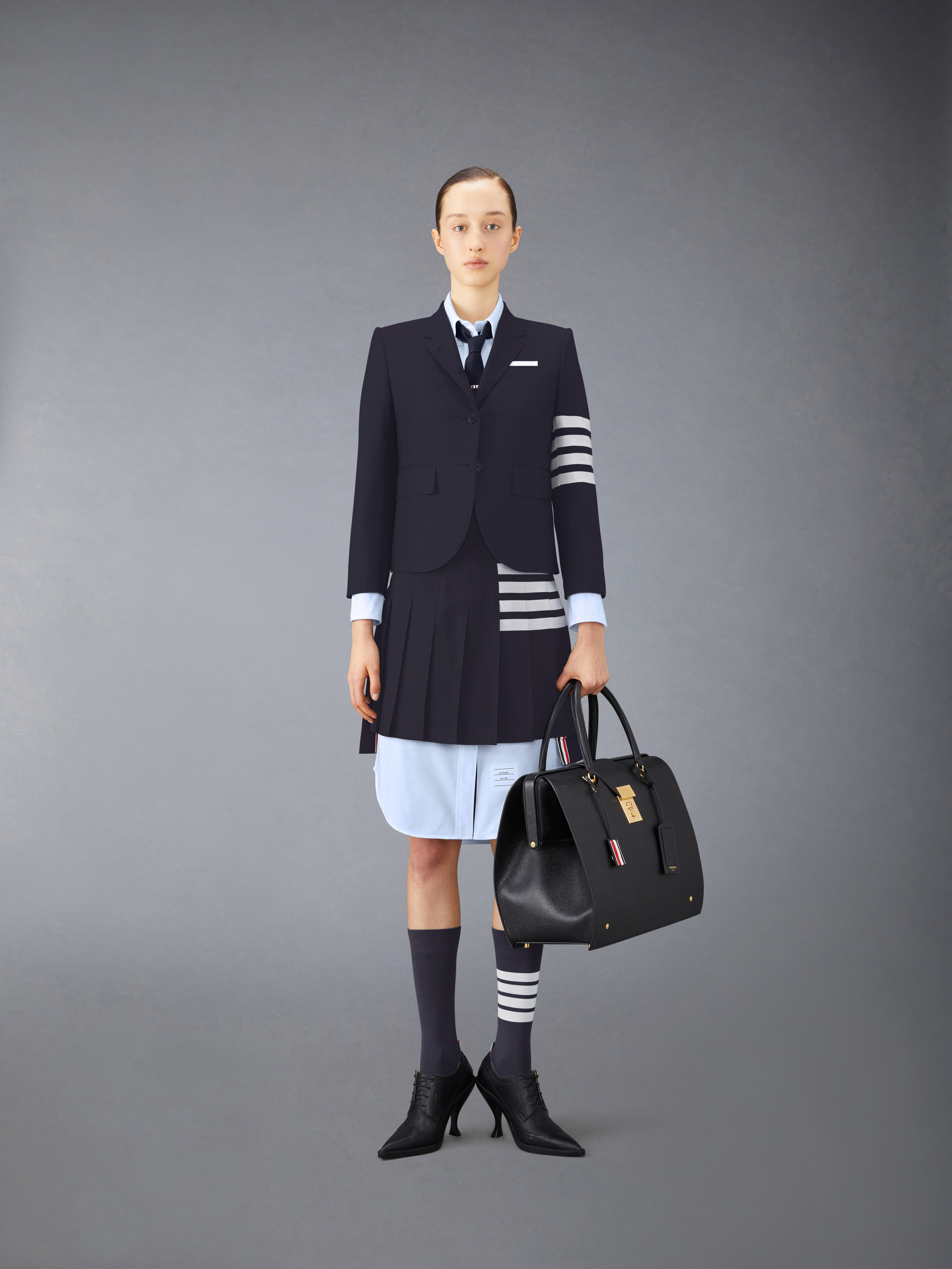 Navy Plain Weave Mini Pleated 4-Bar Skirt - 4