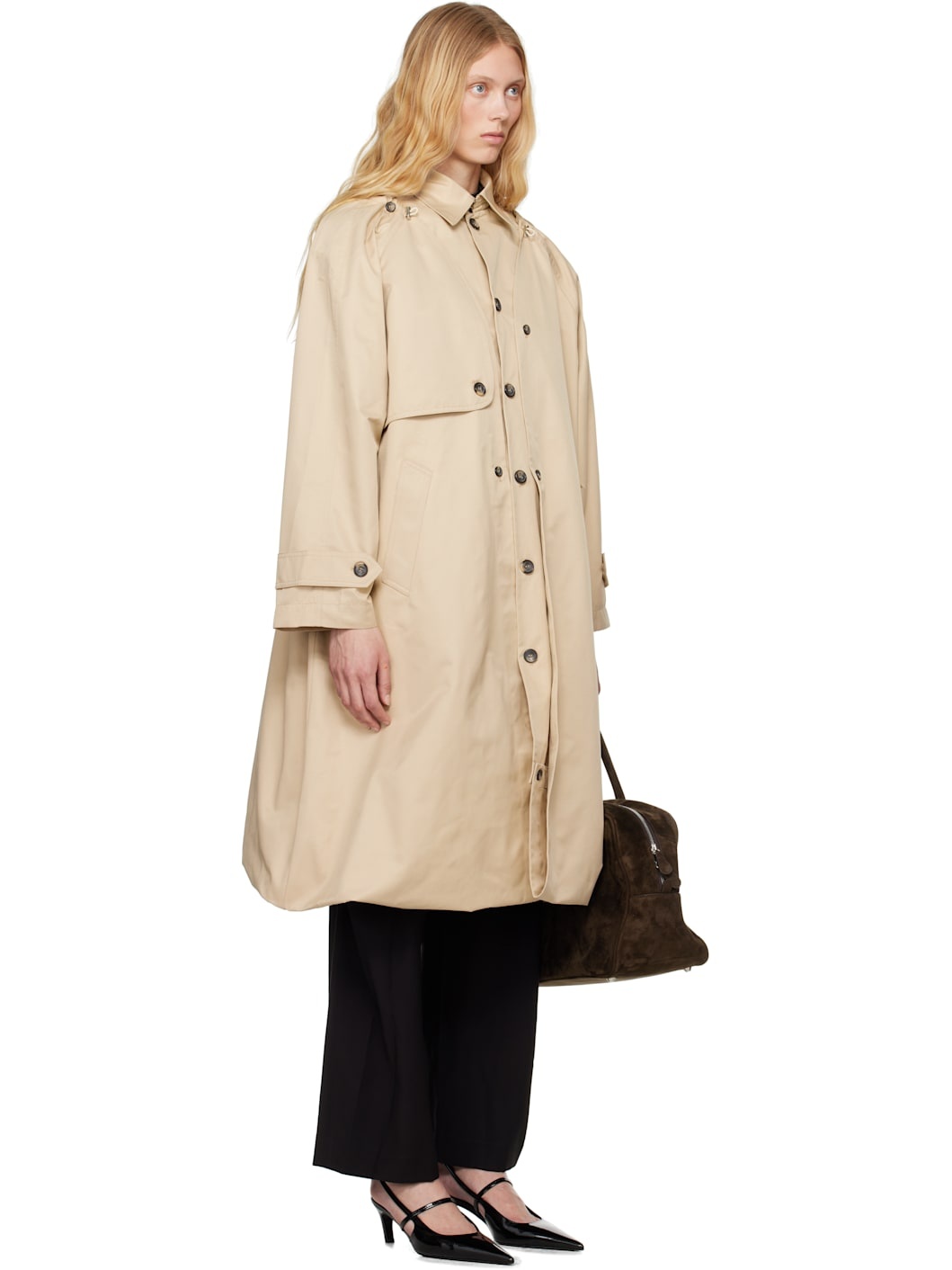 Beige Balloon Shape Buttoned Trench Coat - 2