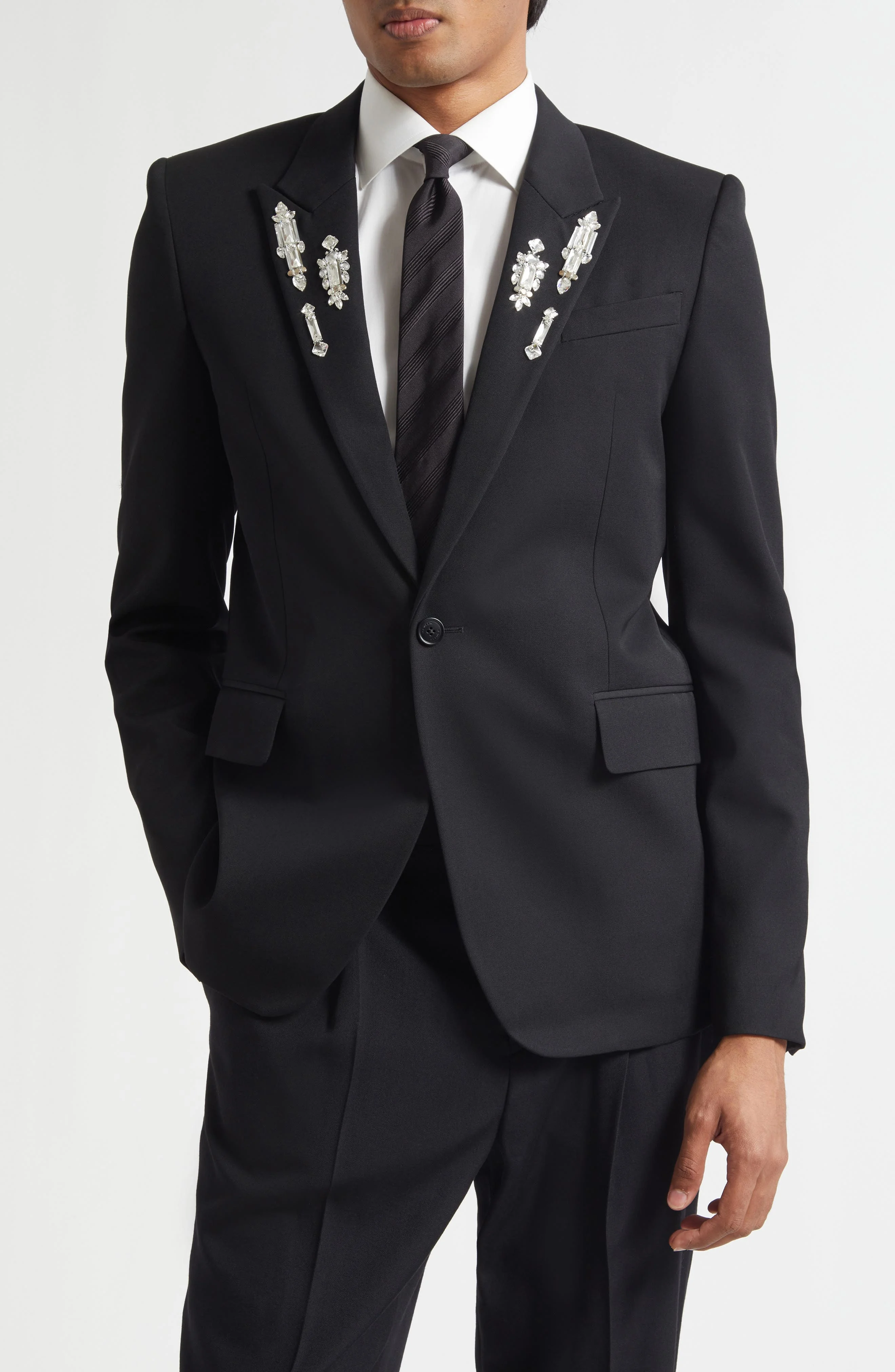 McQueen Rever Crystal Embellished Peak Lapel Blazer in Black at Nordstrom - 1