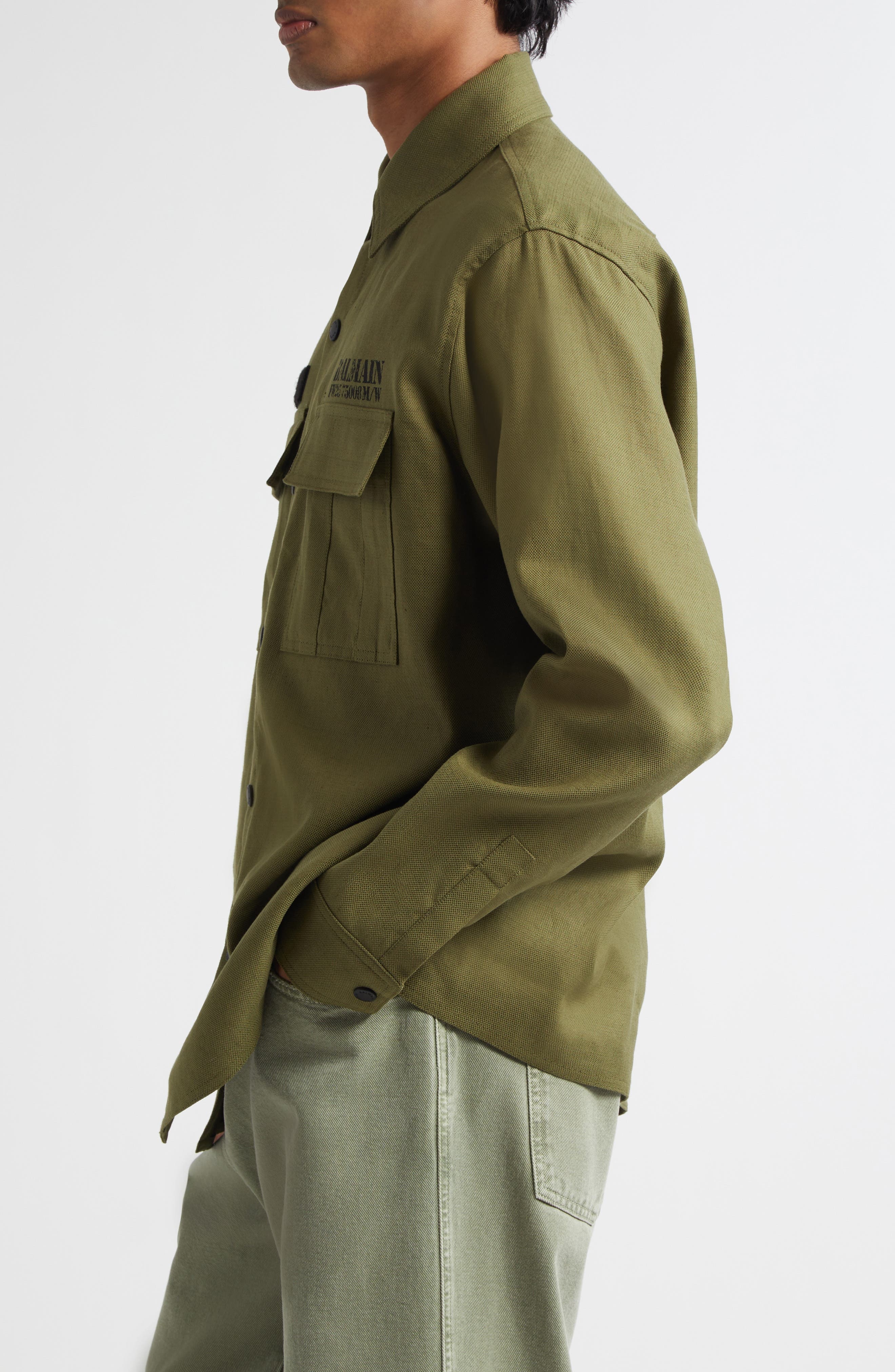 Balmain Small Logo Stamp Canvas Snap-Up Shirt in 7Cw Kaki at Nordstrom - 4