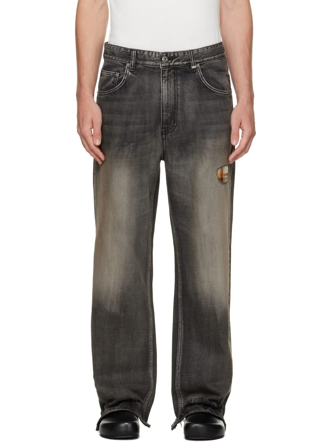 Black Repaired Check Denim Jeans - 1