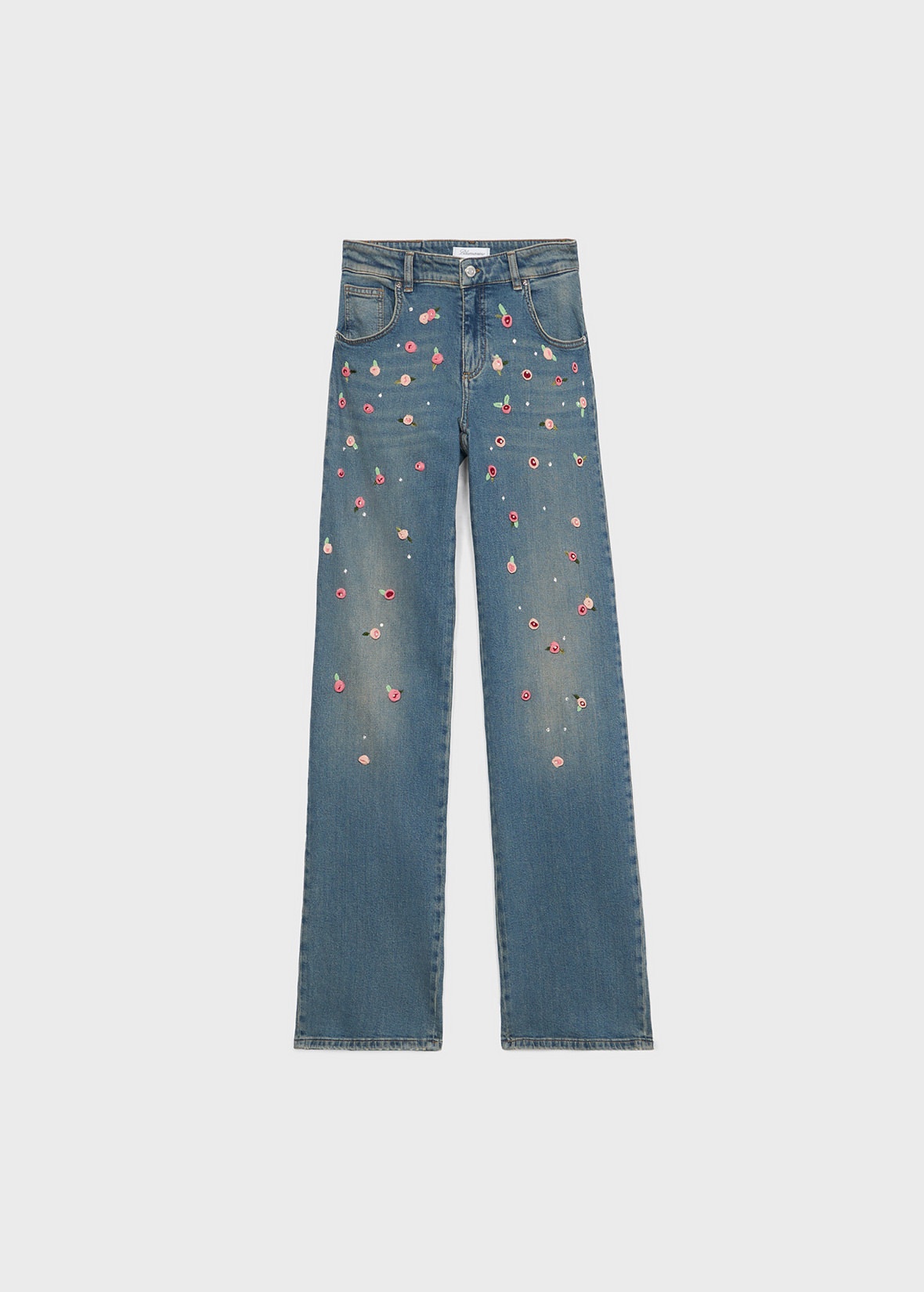 【関税込み】Blumarine グレー ローズ刺繍 ワイドレッグジーンズ Blumarine Roses Embroidery Jeans | Grey | FARFETCH LB