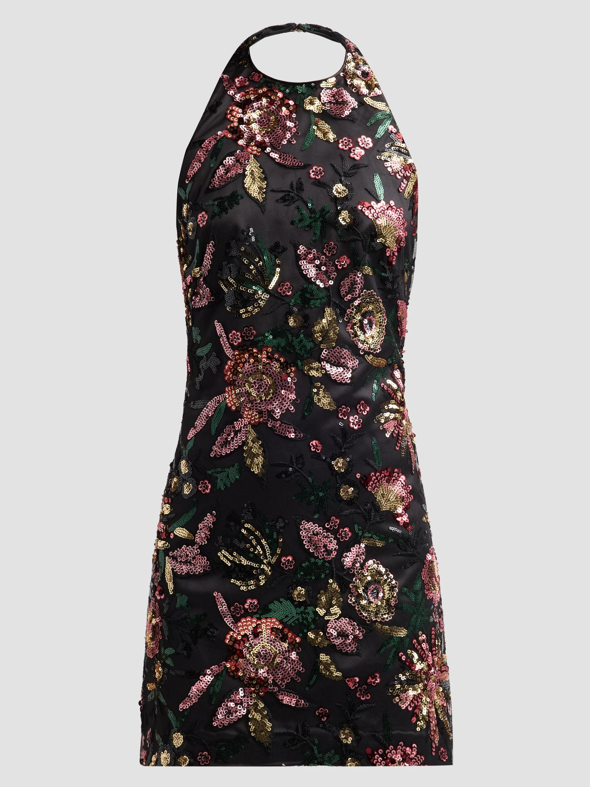 Women's Eva Floral Sequined Halterneck Mini Dress - Black Floral Sequin - 1