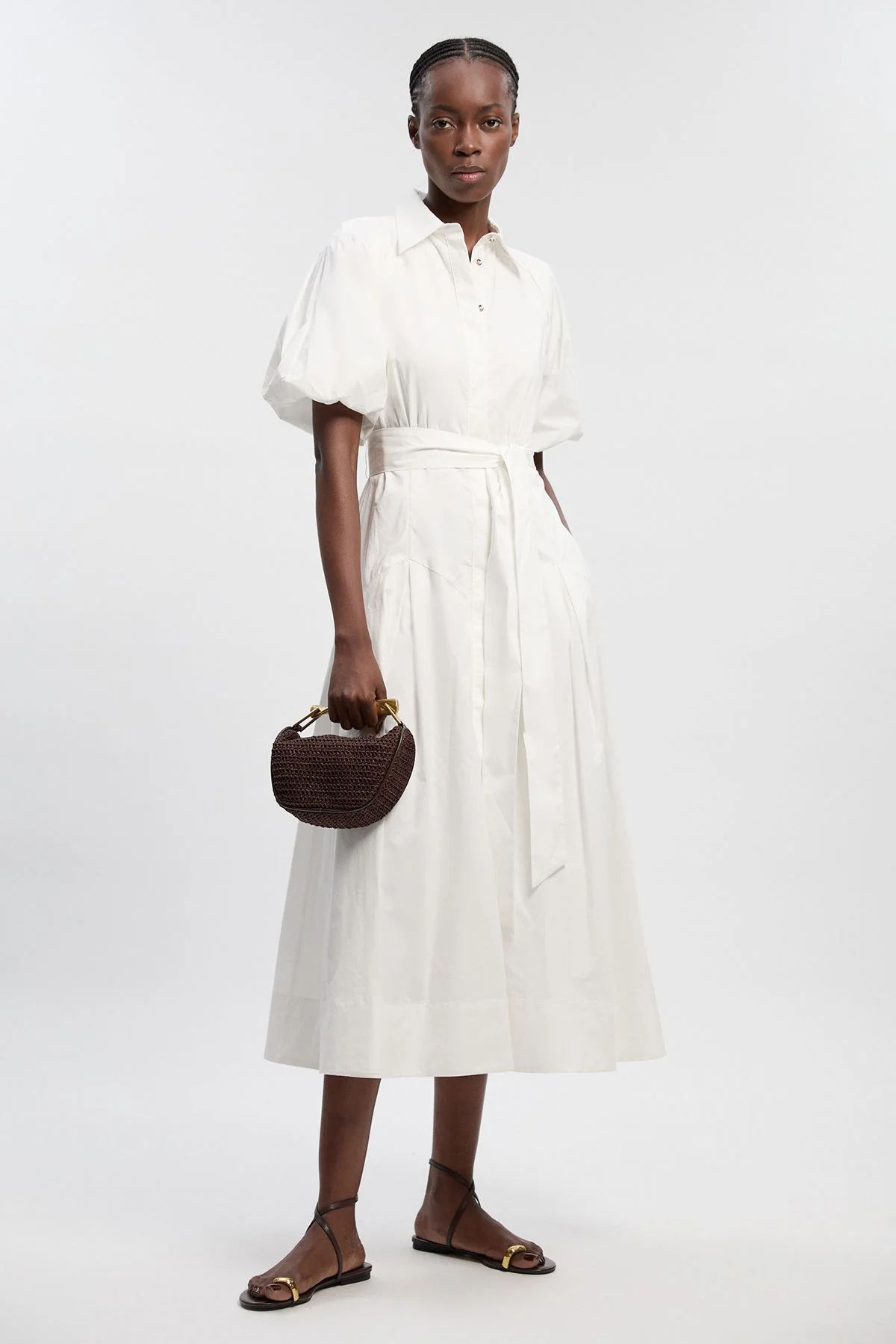 Cotton Puff Sleeve Woven Midi Shirt Dress With Dropped Waist Detail - 1