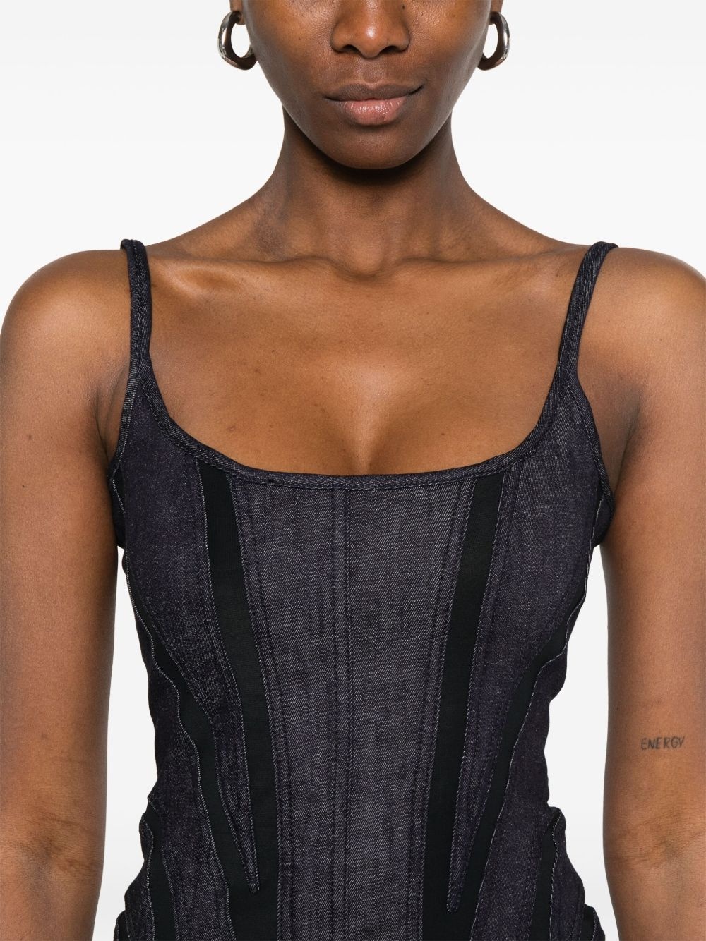 mesh-panel denim midi dress - 5