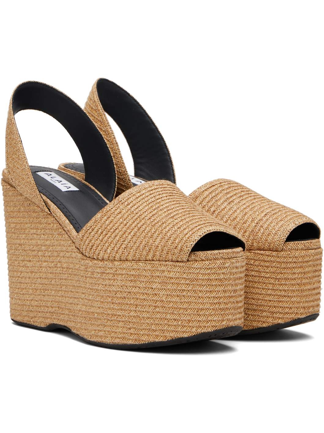 Beige Wedge Paper Straw Heeled Sandals - 4