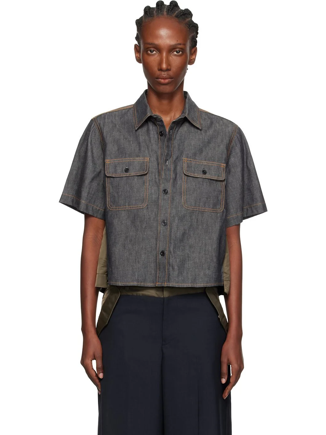 Indigo & Khaki Paneled Denim Shirt - 1
