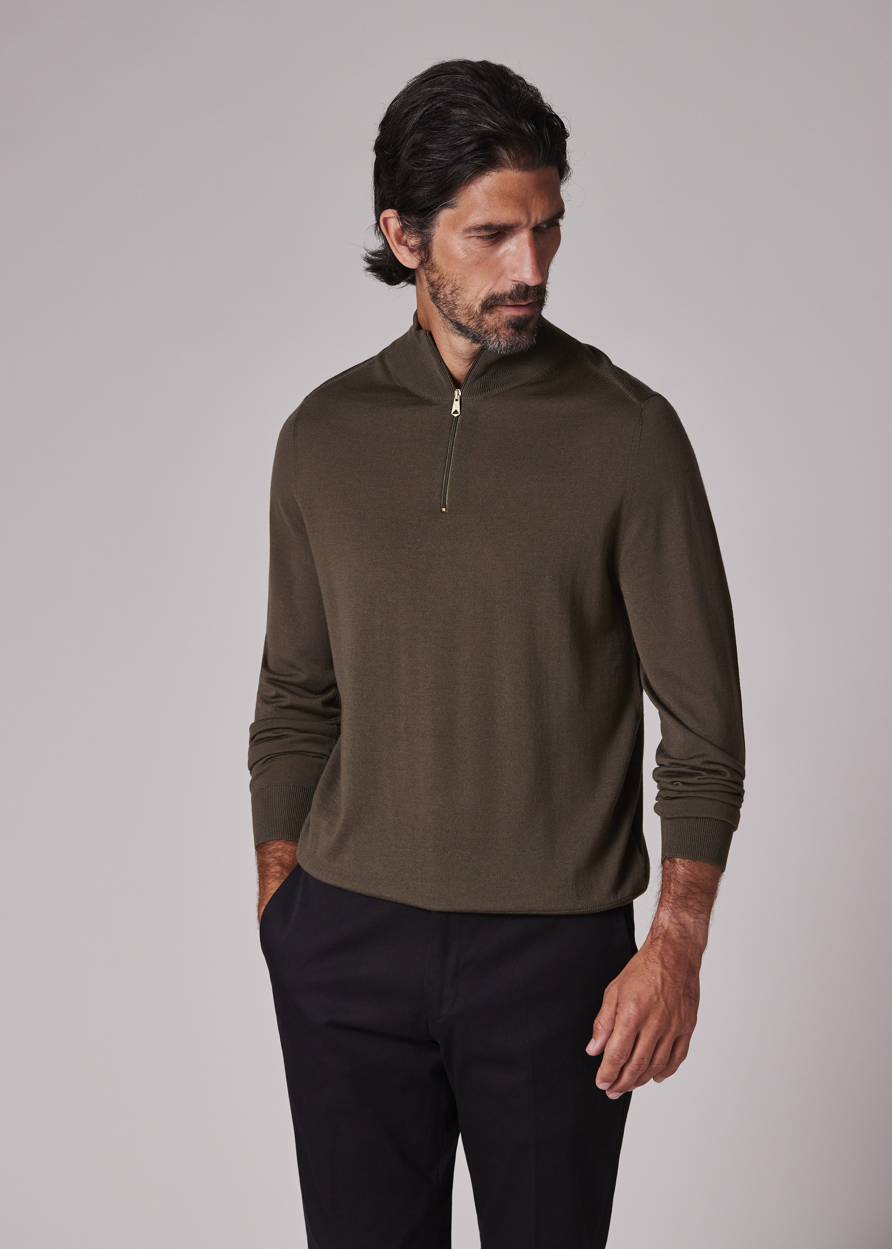 Khaki Merino Wool Half-Zip Sweater - 3
