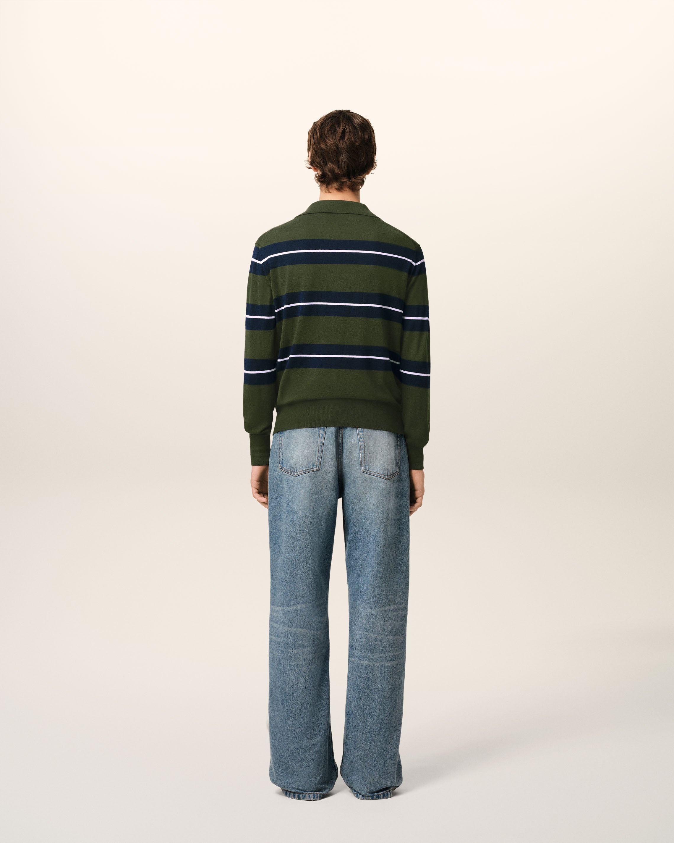 GREEN WOOL SILK TONAL STRIPED POLO - 5