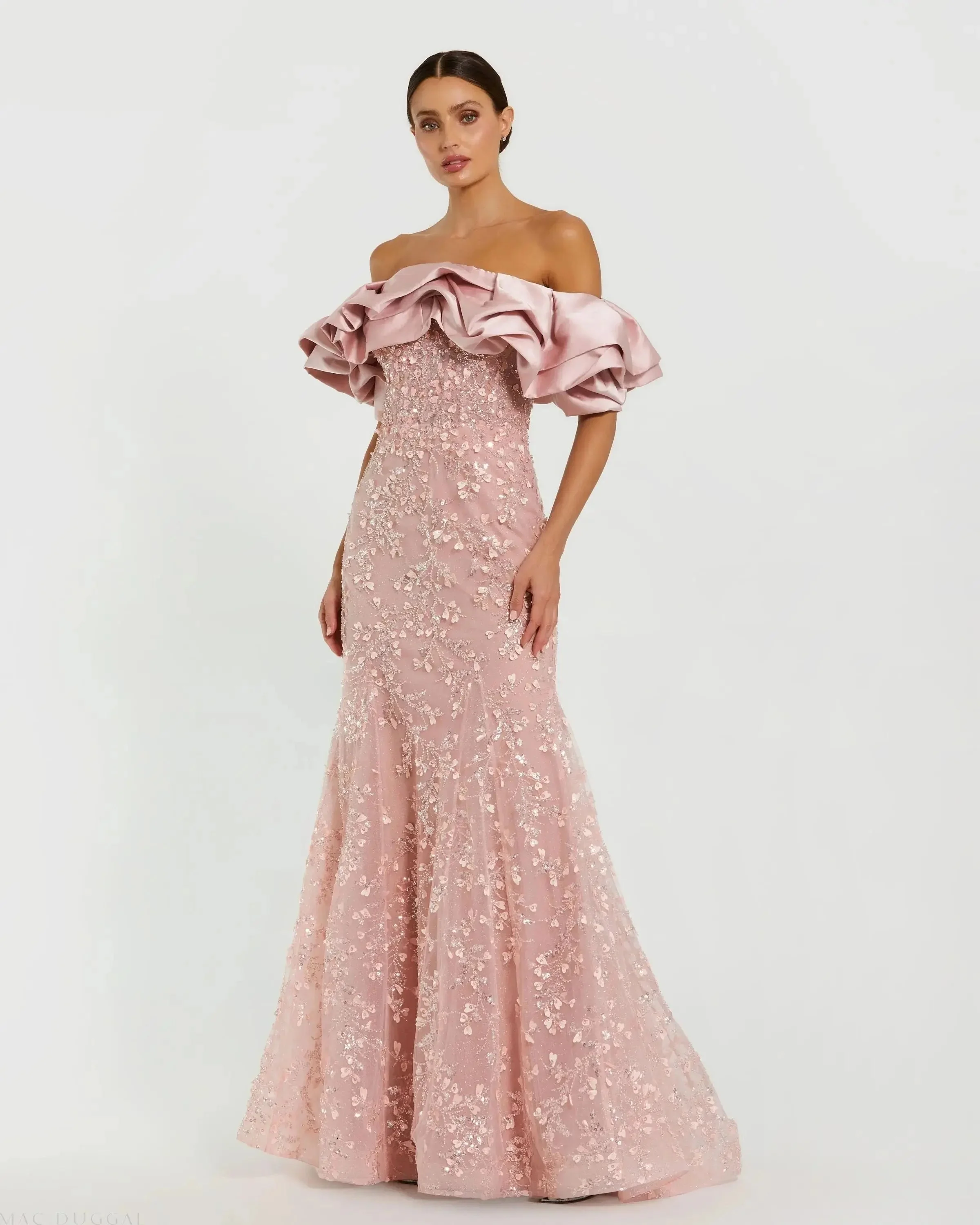 Rose Embellished Mermaid Gown With Off The Shoulder Ruffle - 1