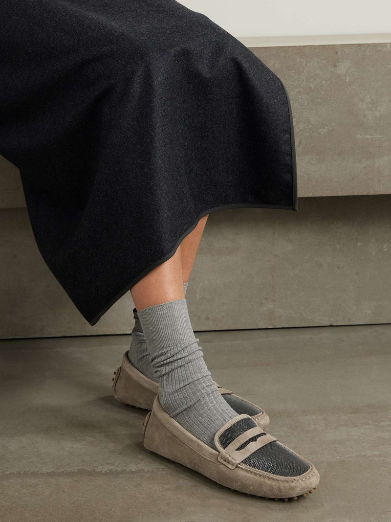 Brunello Cucinelli Bead-embellished suede loafers Taupe outlook