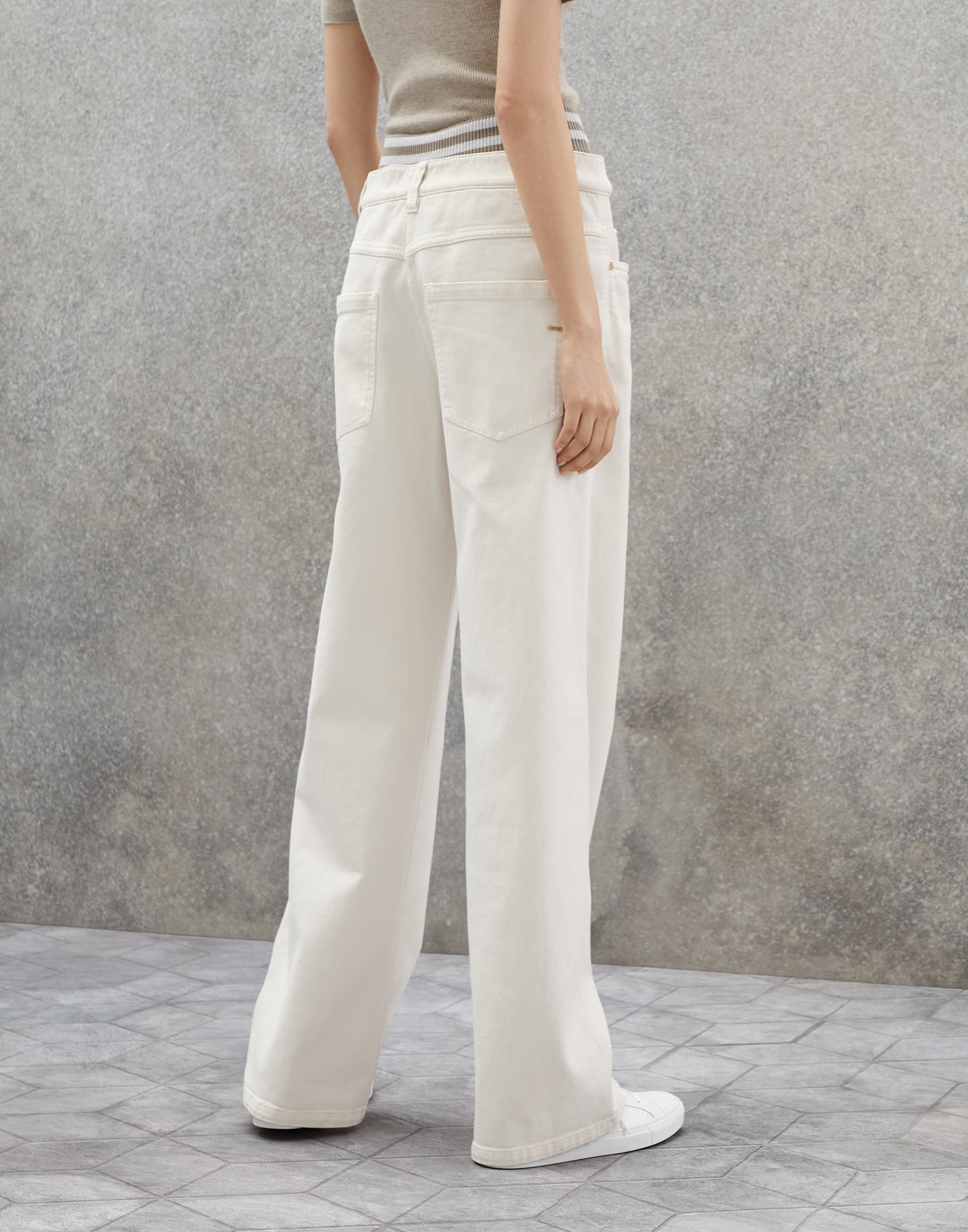 Dyed comfort denim loose five-pocket trousers with striped knit insert and shiny bartack - 2