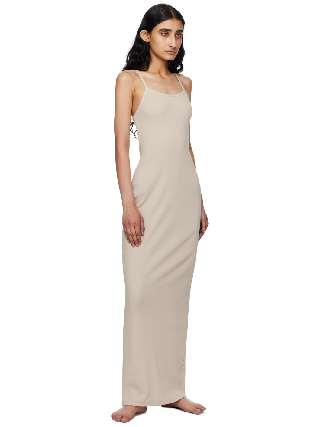Beige Cotton Rib Long Cami Maxi Dress - 4