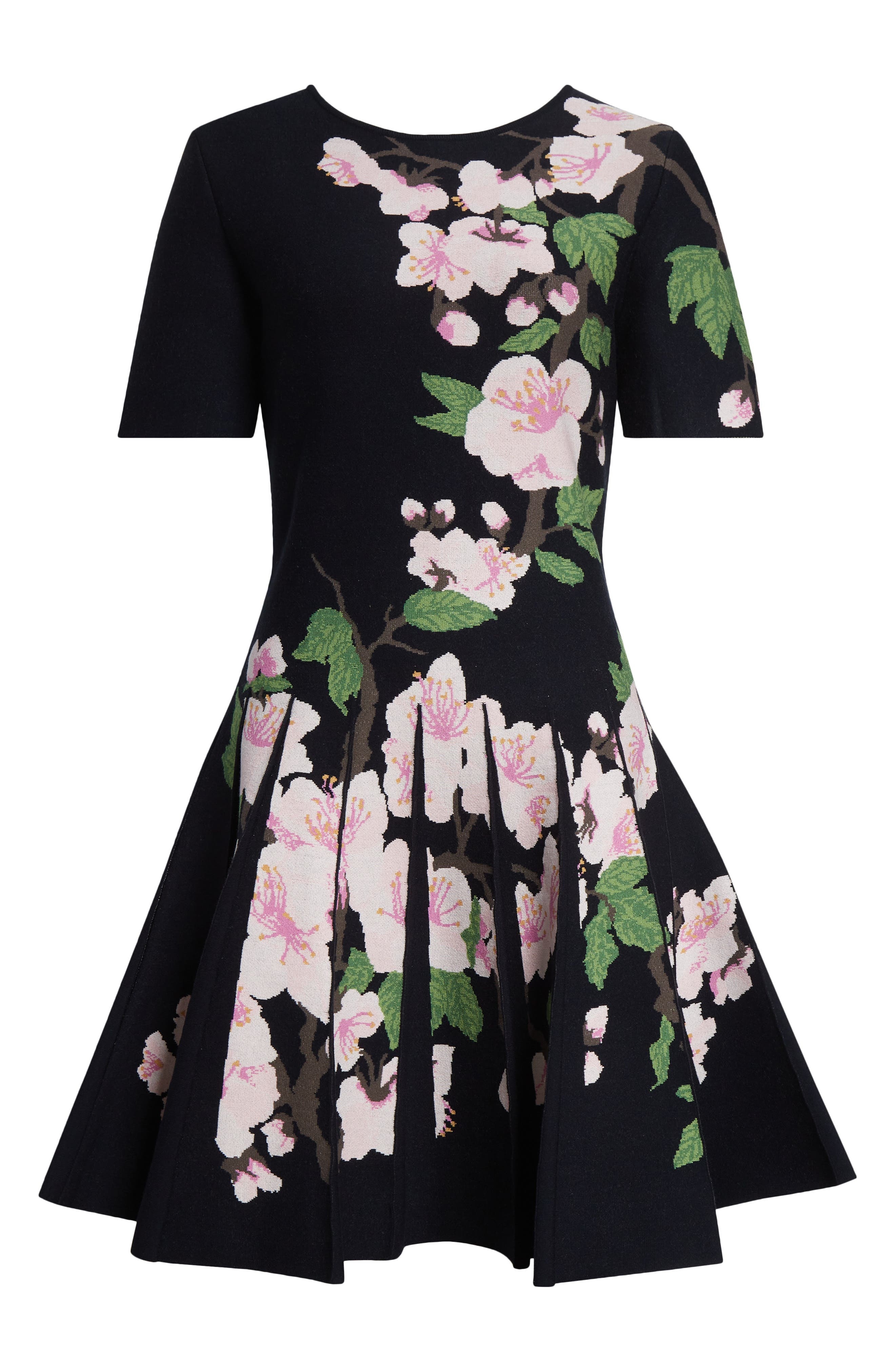 Oscar de la Renta Cherry Blossom Pleated Jacquard Knit Fit & Flare Dress in Navy/Pink at Nordstrom - 5