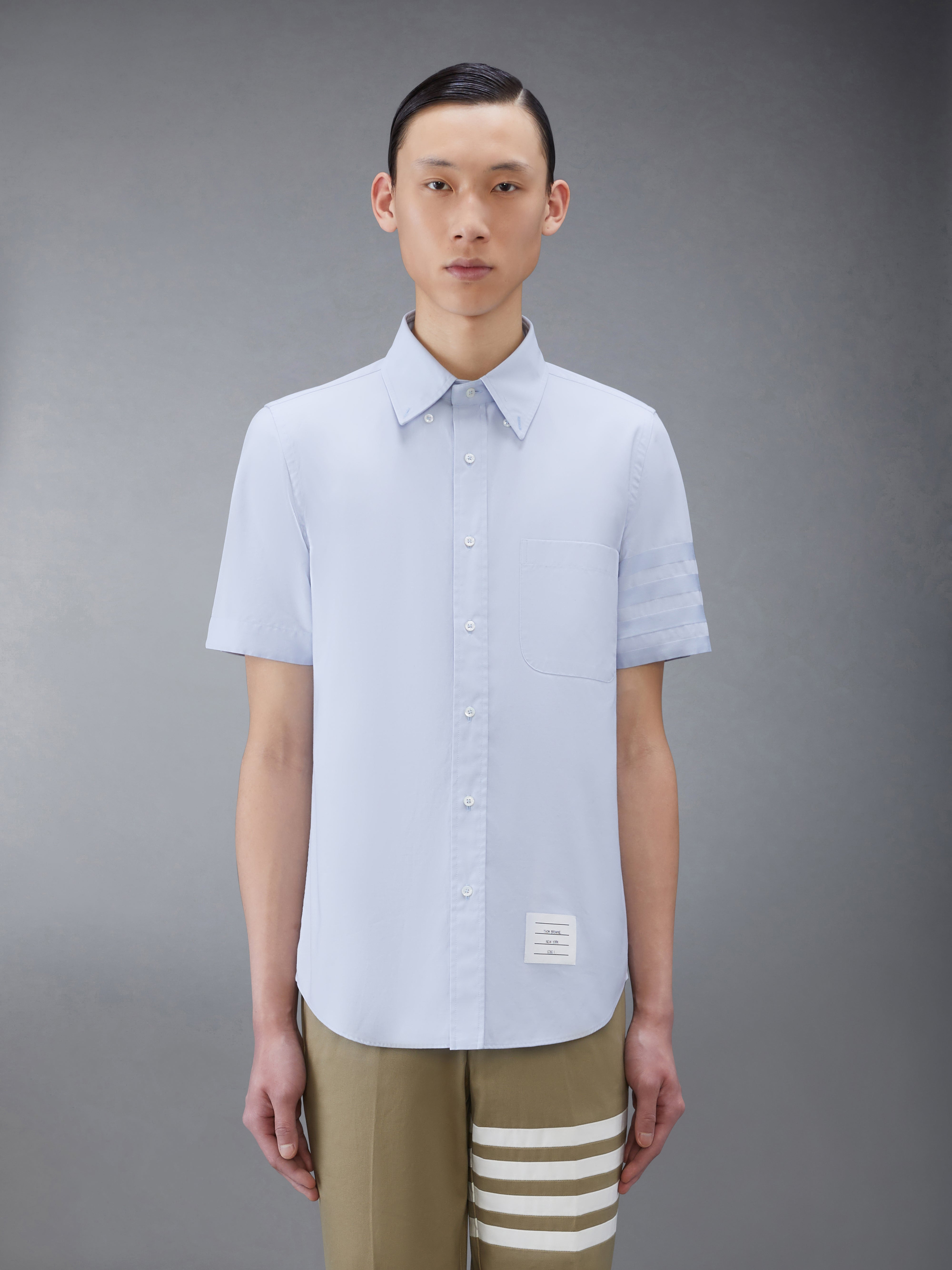 Light Blue Cotton Poplin Short Sleeve Satin Weave 4-Bar Shirt - 2