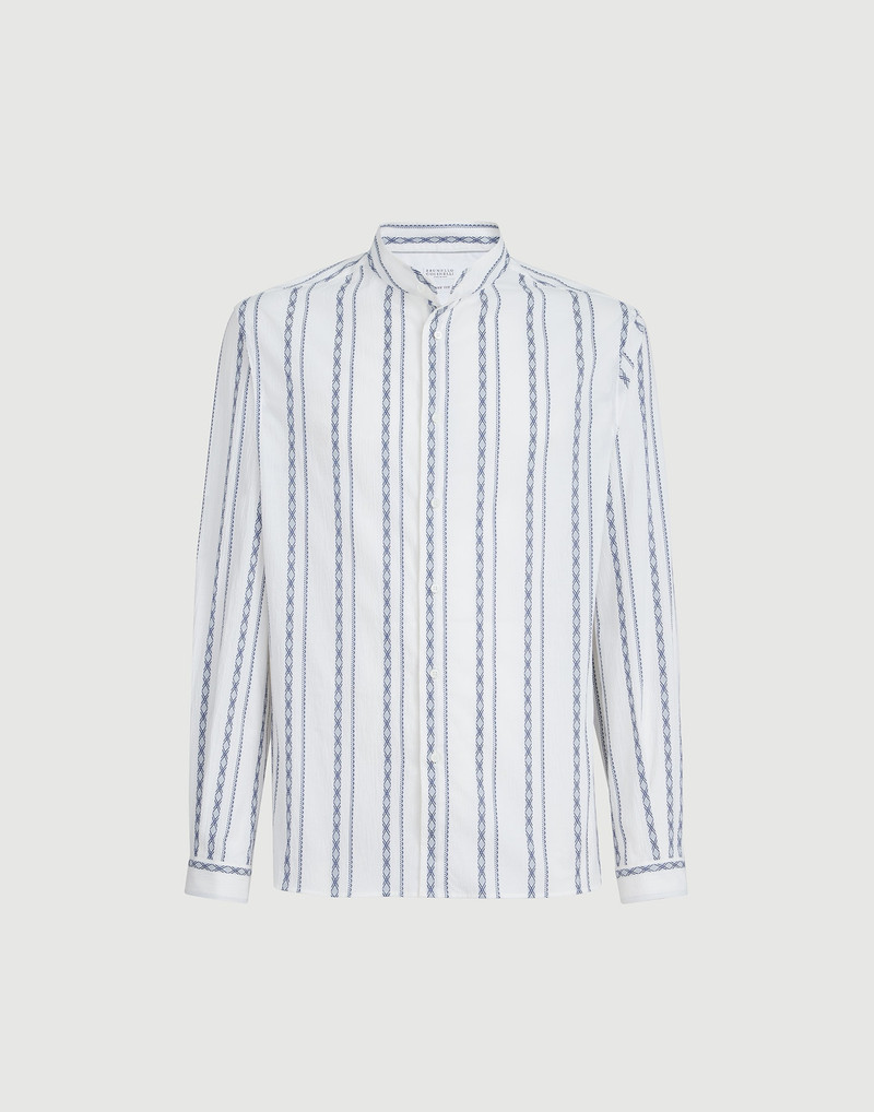 Ethnic stripe seersucker easy fit shirt with Mandarin collar 1