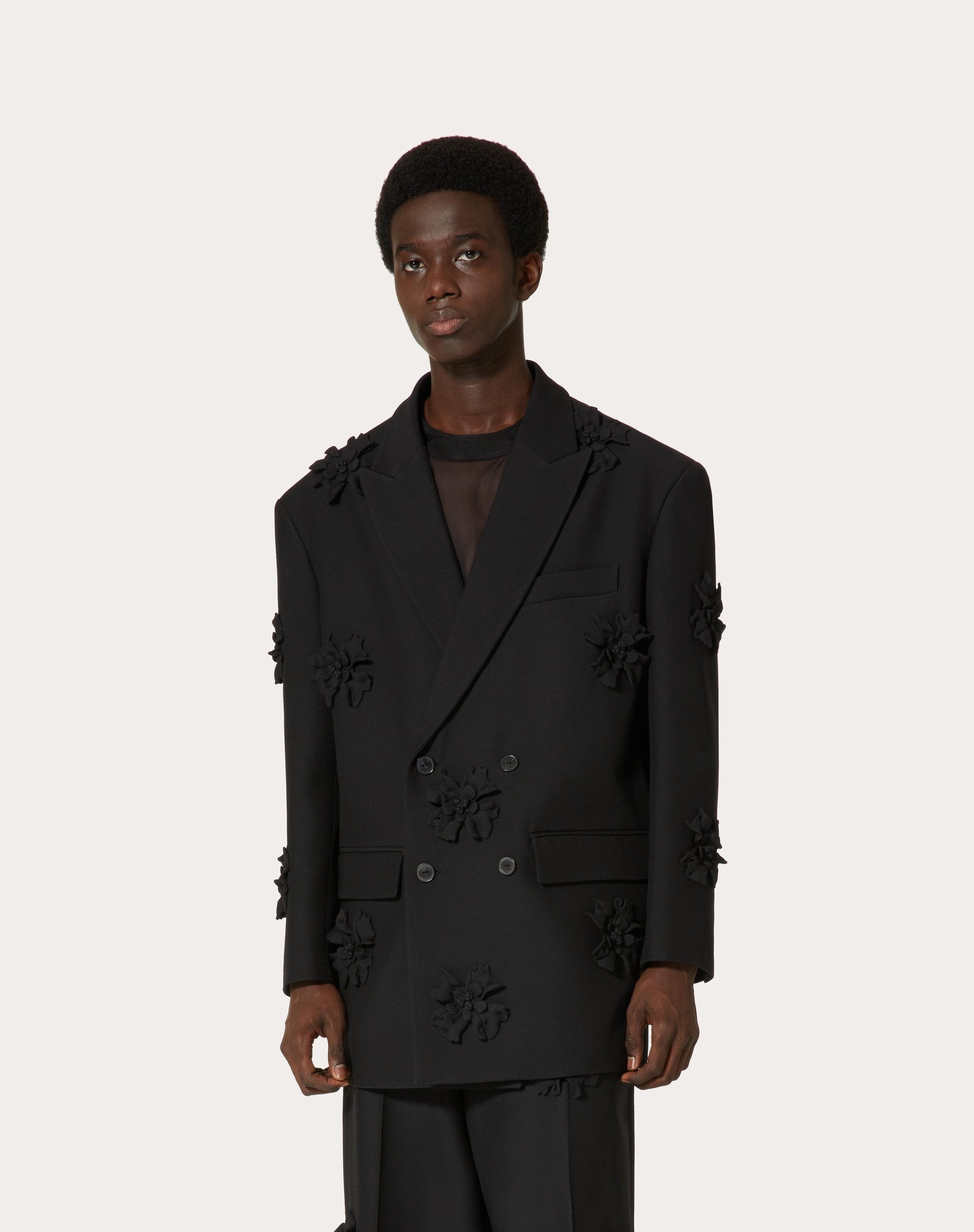 CREPE COUTURE DOUBLE-BREASTED BLAZER WITH FLORAL PATCHWORK EMBROIDERY - 3