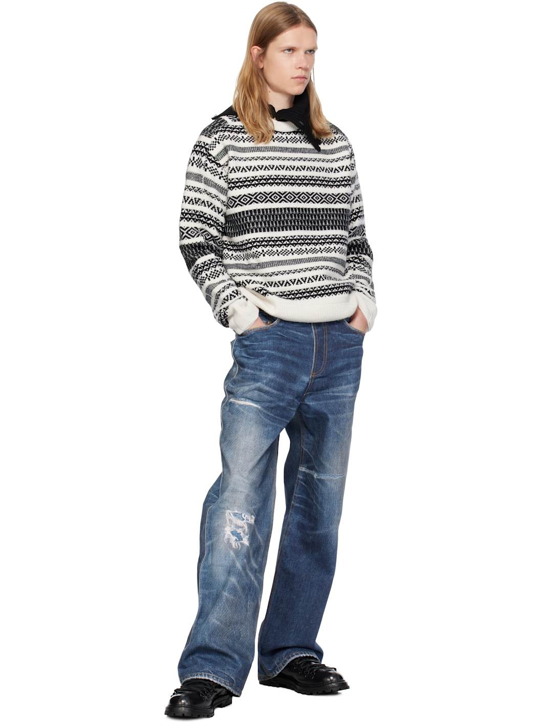 White & Black Nordic Crewneck Sweater - 5