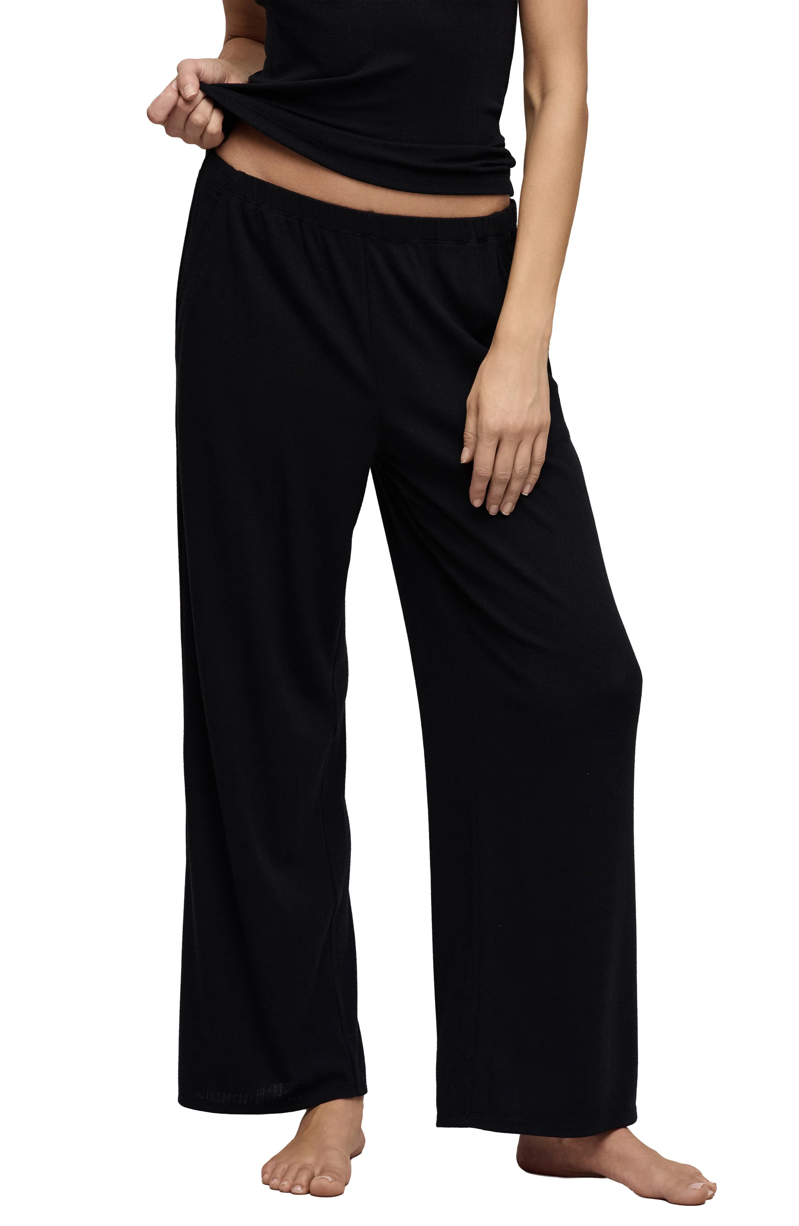 barefoot dreams Scalloped Trim Pointelle Wide Leg Pants in Black - 1