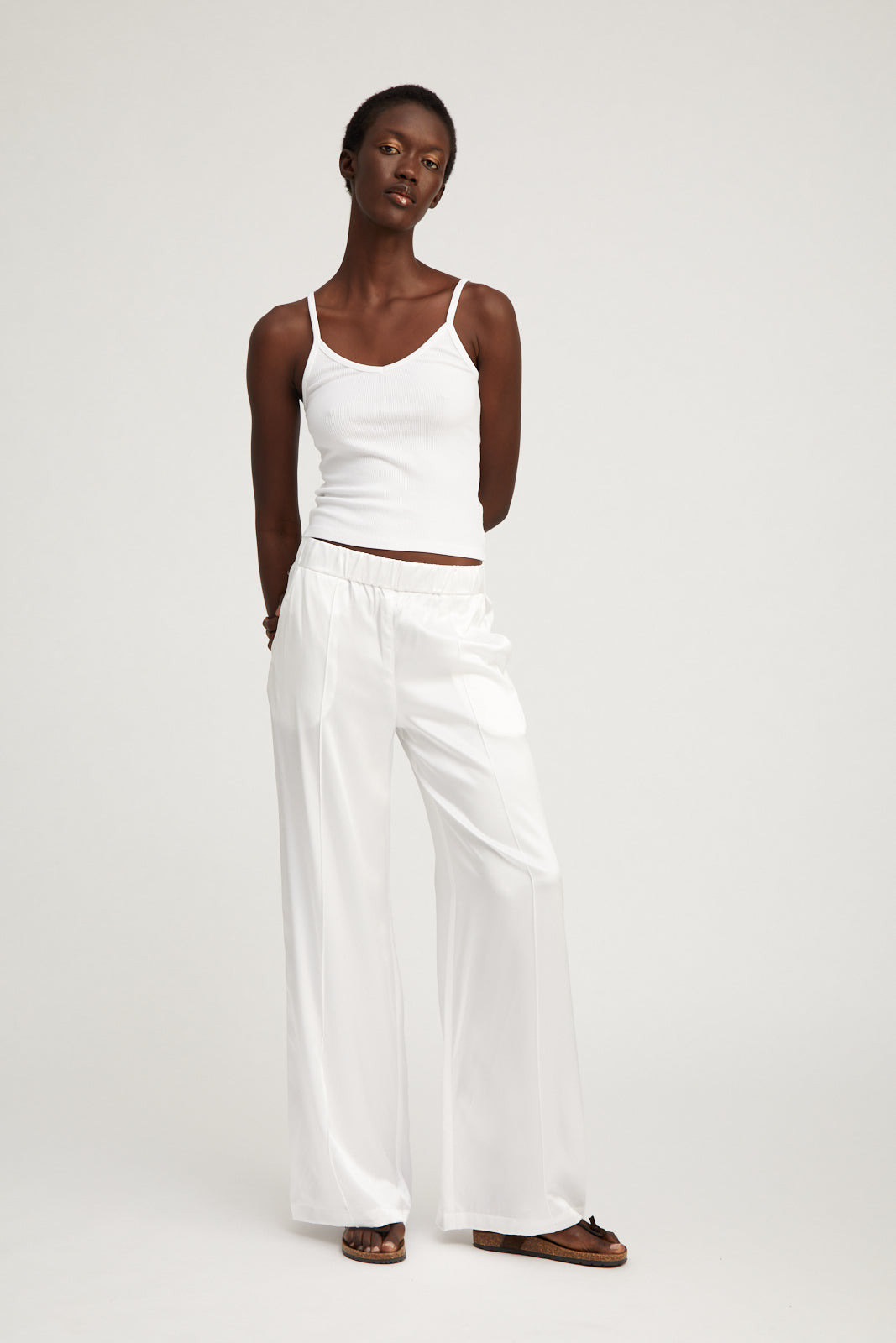 WHITE SILK WIDE LEG PINTUCK PANTS - 3