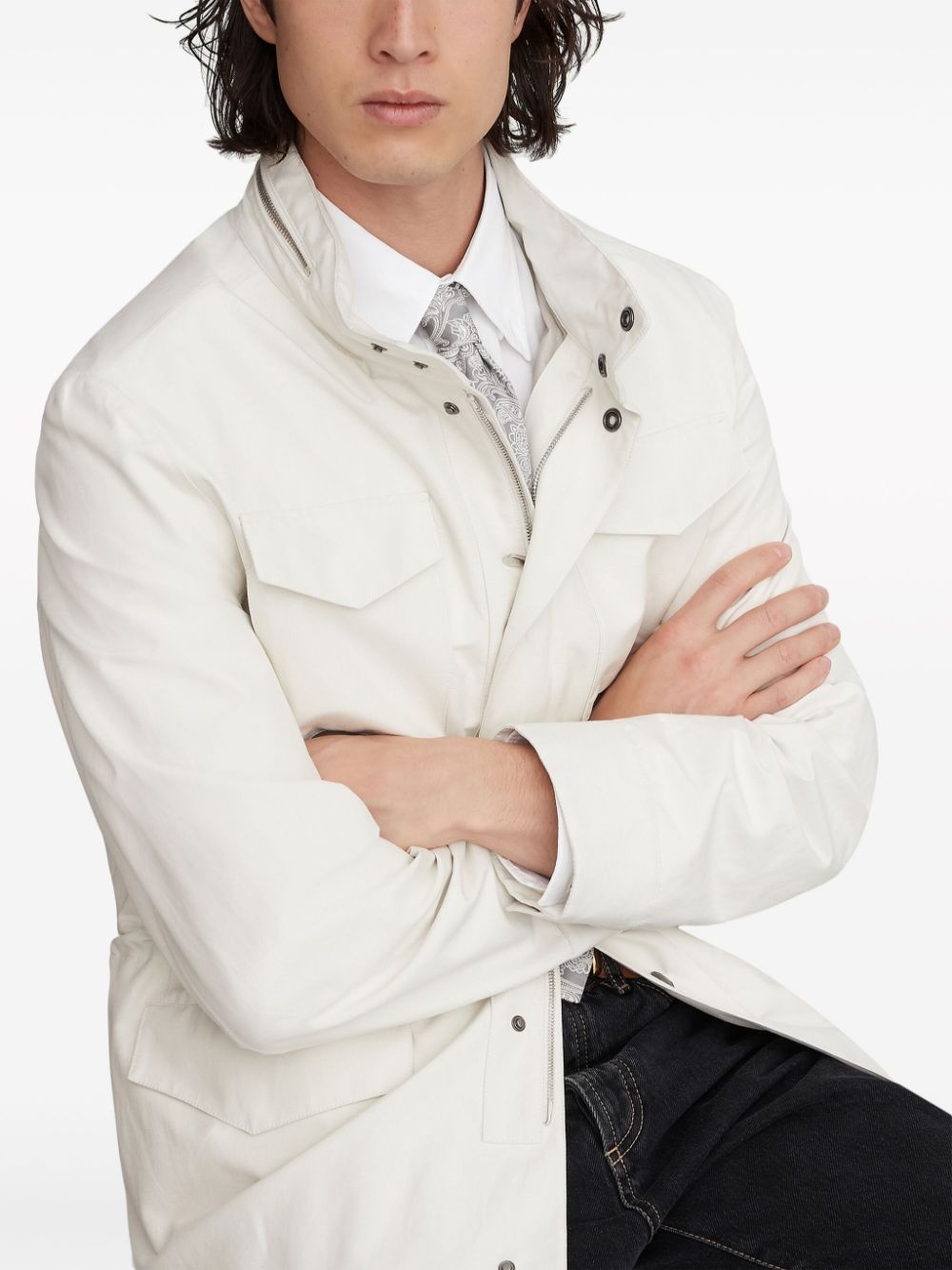 stand-up collar linen-blend coat - 6